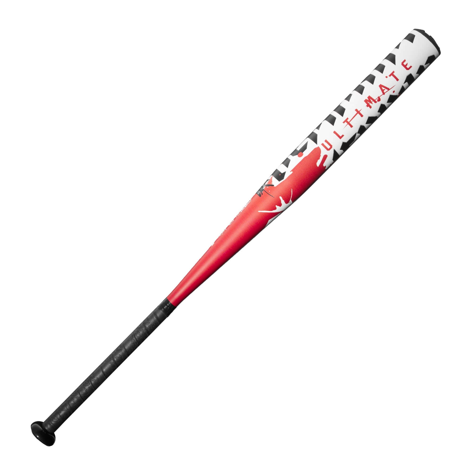 2025 DeMarini Ultimate Weapon Slowpitch Softball Bat with red and white design and one-piece alloy construction.