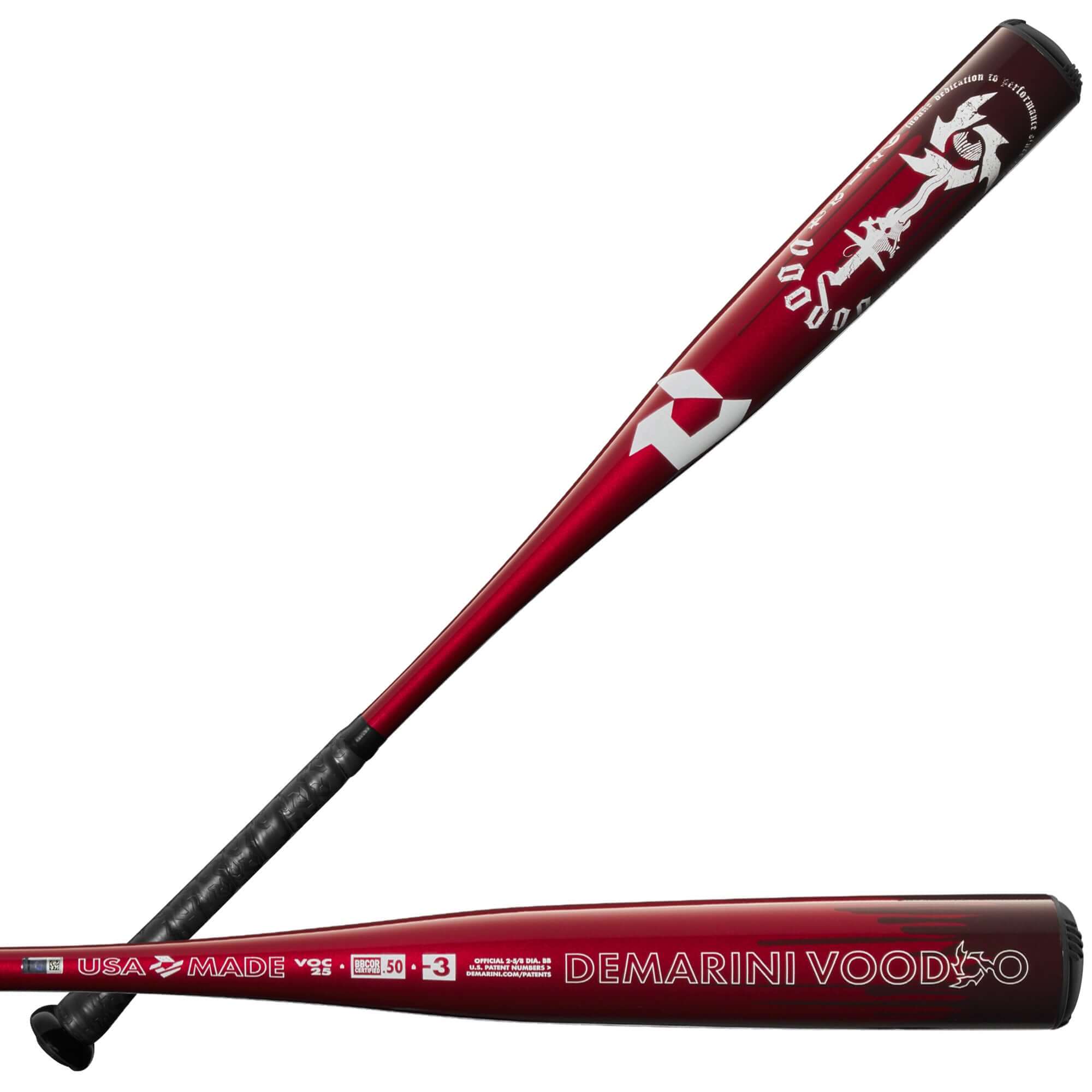 DeMarini Voodoo One 2025 BBCOR (-3) baseball bat with X14 Alloy Barrel, red design, USA made, ideal for high school players.