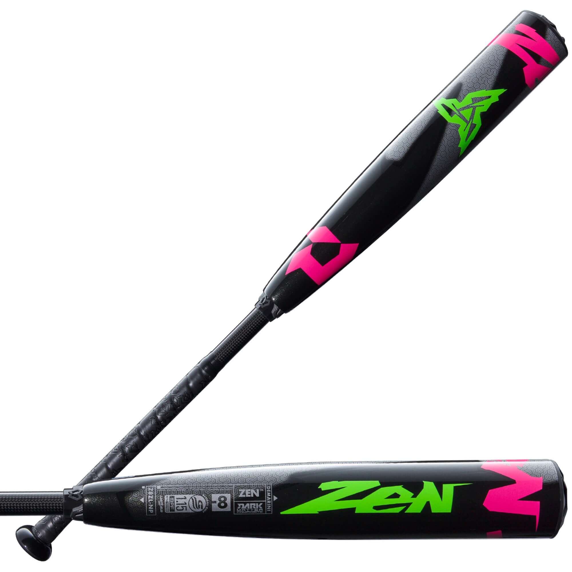 Front and back view of DeMarini Zen SL Limited Edition 2025 Bat showcasing sleek design and color scheme.