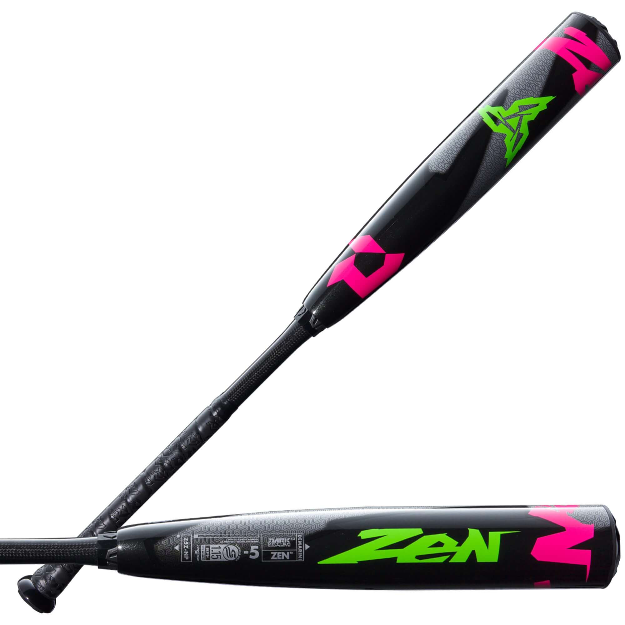 Front and back view of DeMarini Zen SL 2025 Bat showing design and barrel features.