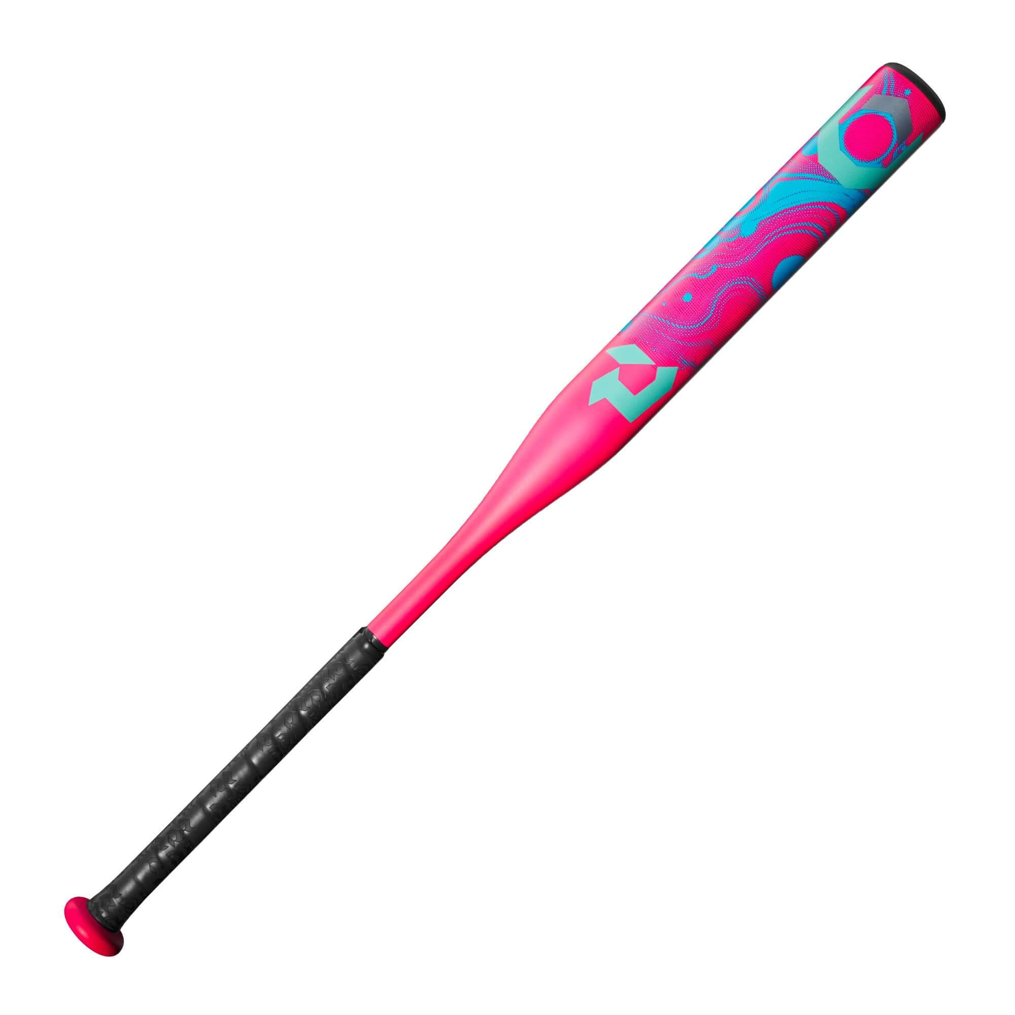 2025 DeMarini Uprising (-12) Fastpitch Softball Bat side profile, pink and blue graphics, black grip handle.