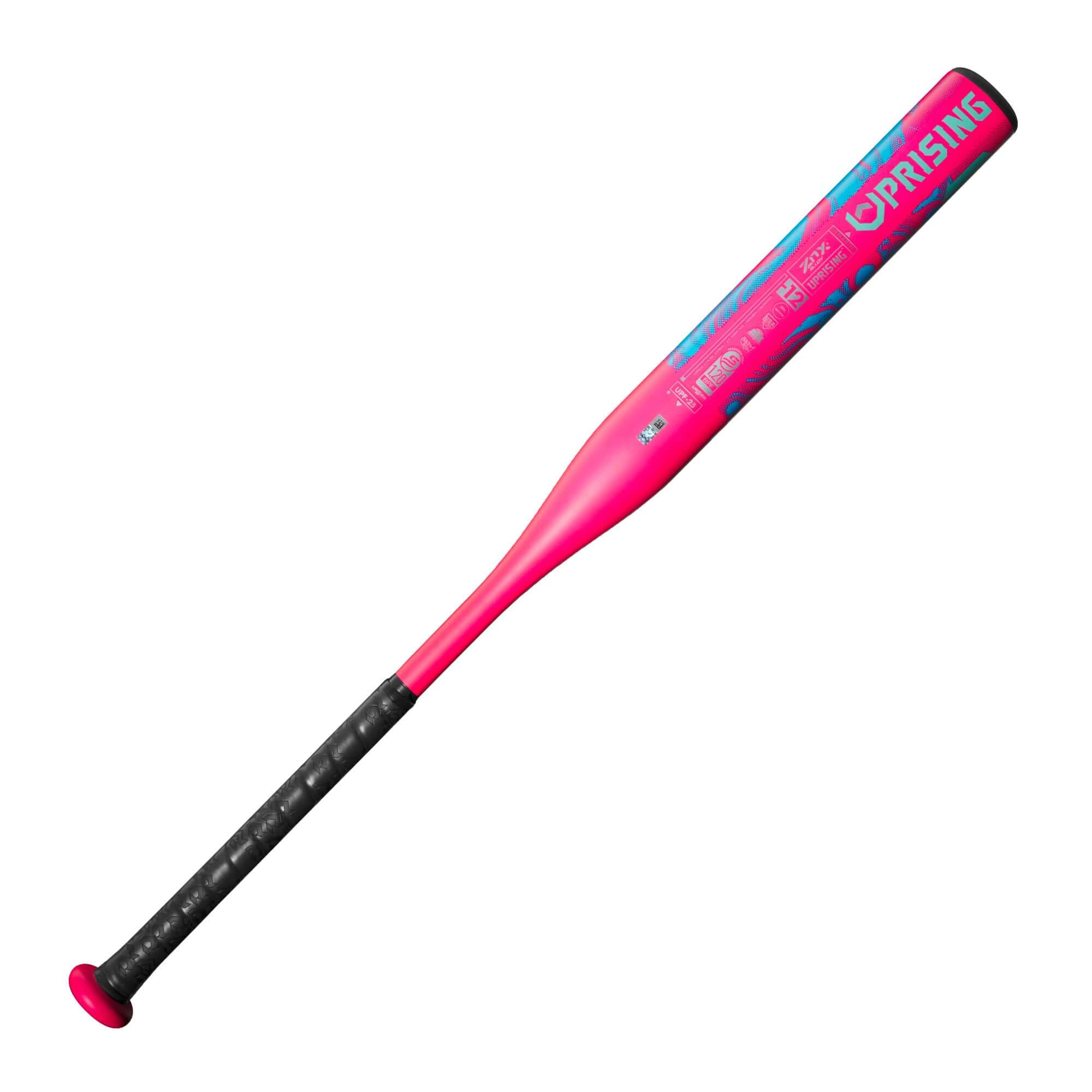 2025 DeMarini Uprising (-12) Fastpitch Softball Bat side profile showing pink barrel and black grip handle.