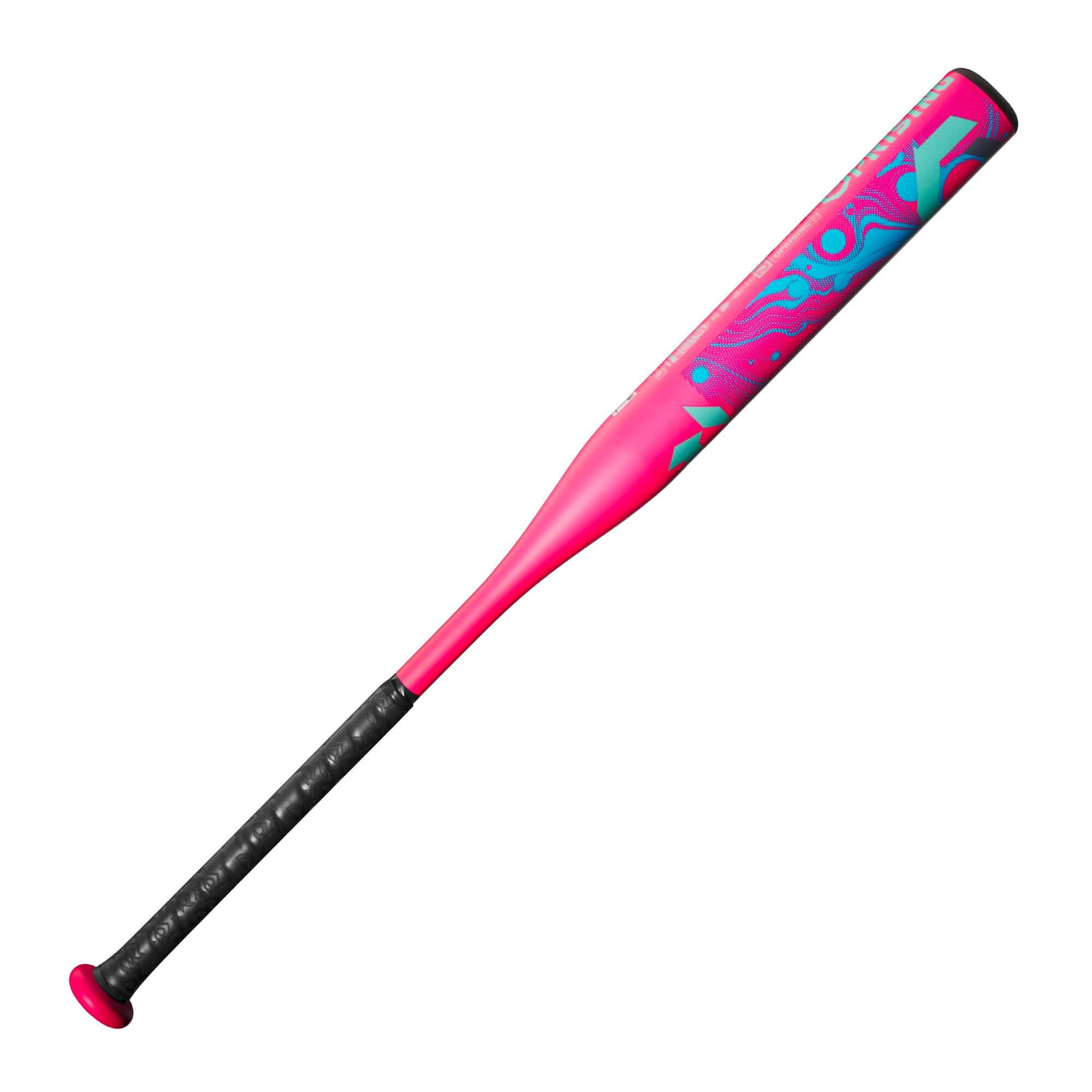 2025 DeMarini Uprising (-12) Fastpitch Softball Bat side profile, pink and teal graphics, black grip
