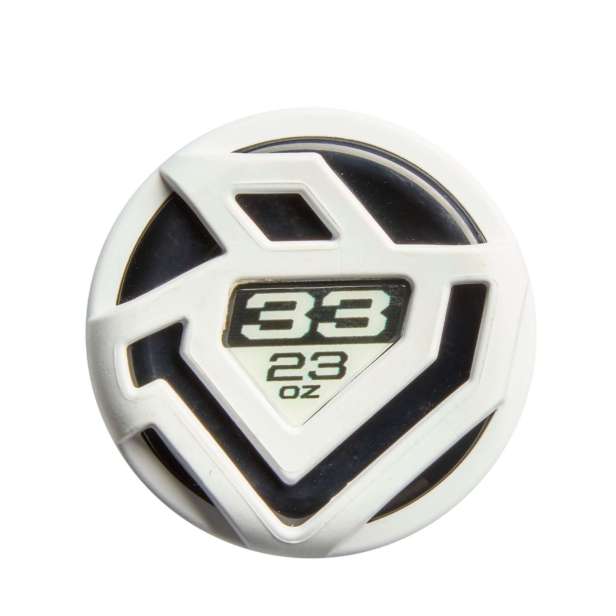 Close-up of DeMarini Lotus fastpitch softball bat end cap featuring 33-inch length and 23-ounce weight designation.