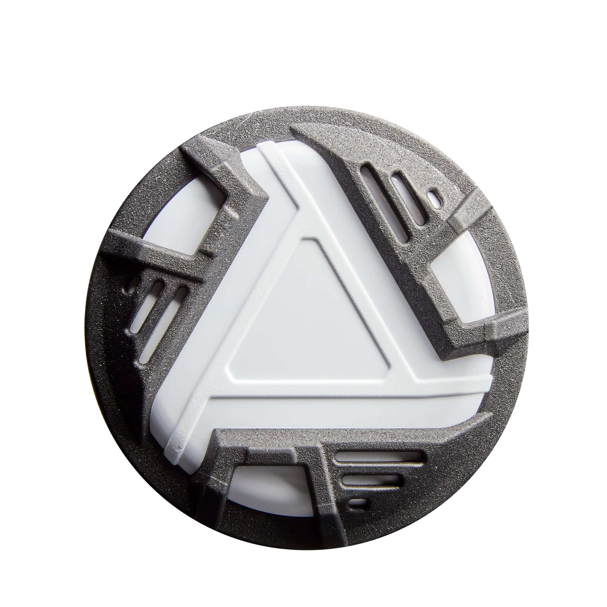 Close-up view of a round multi-textured gray and white softball bat knob giving improved grip and control.