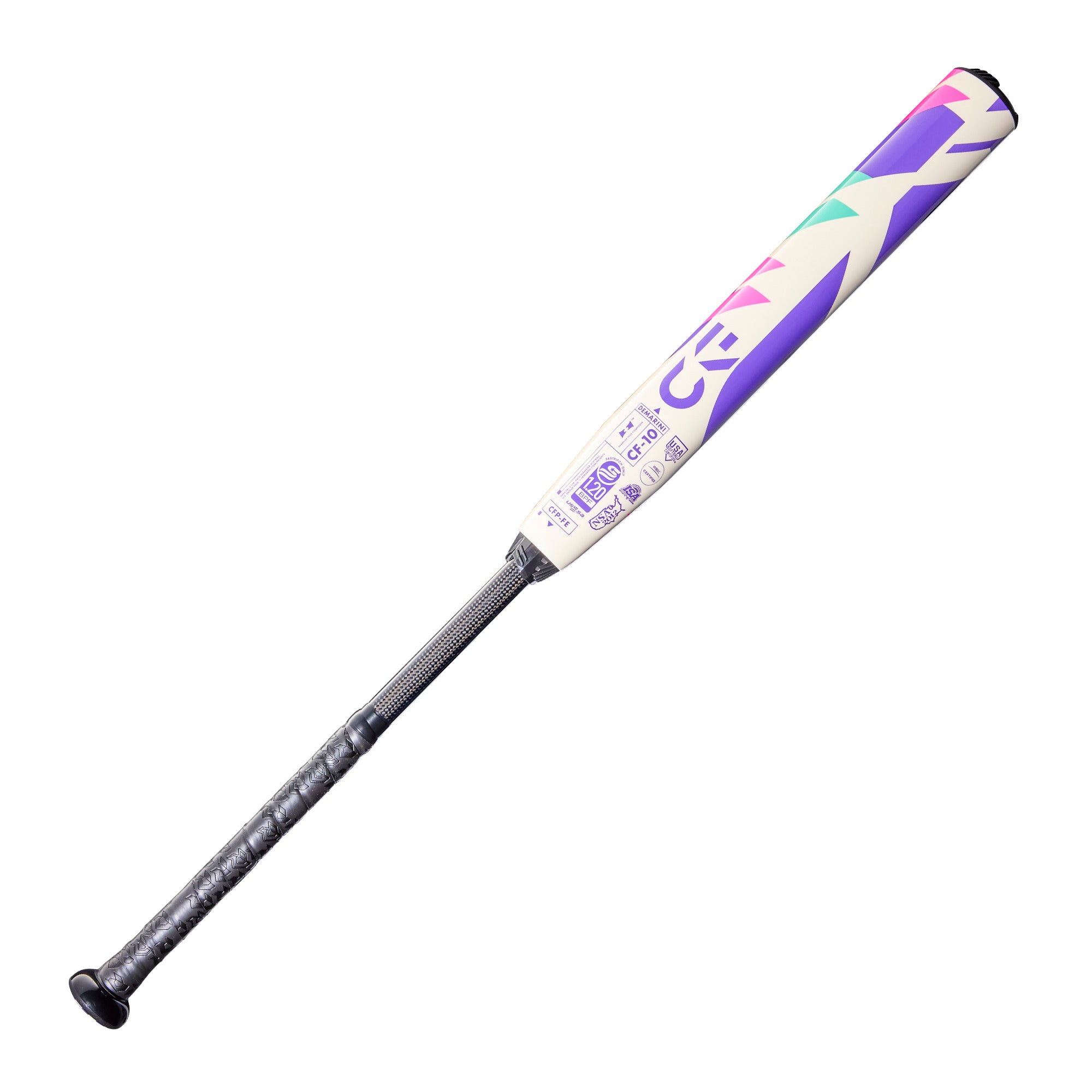2026 DeMarini CF FP FE (-10) Fastpitch Softball Bat featuring a colorful design and lightweight construction.