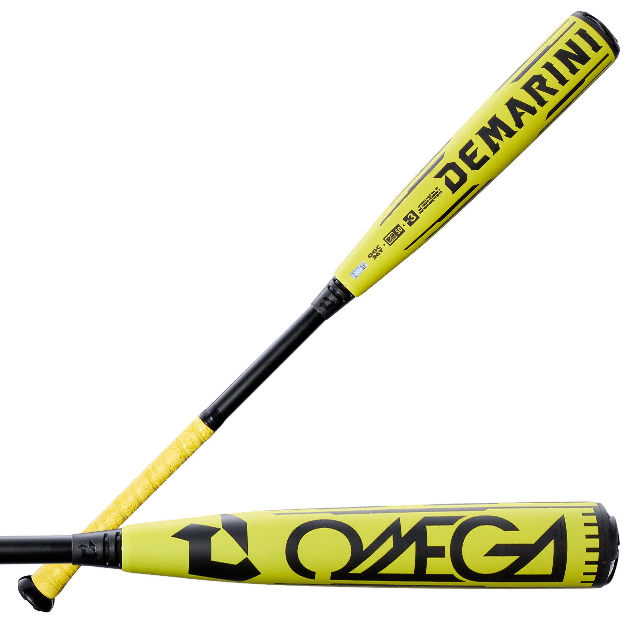 2026 DeMarini Omega Electric Yellow (-3) BBCOR Bat front and back view with bold Yellow X14 Alloy barrel