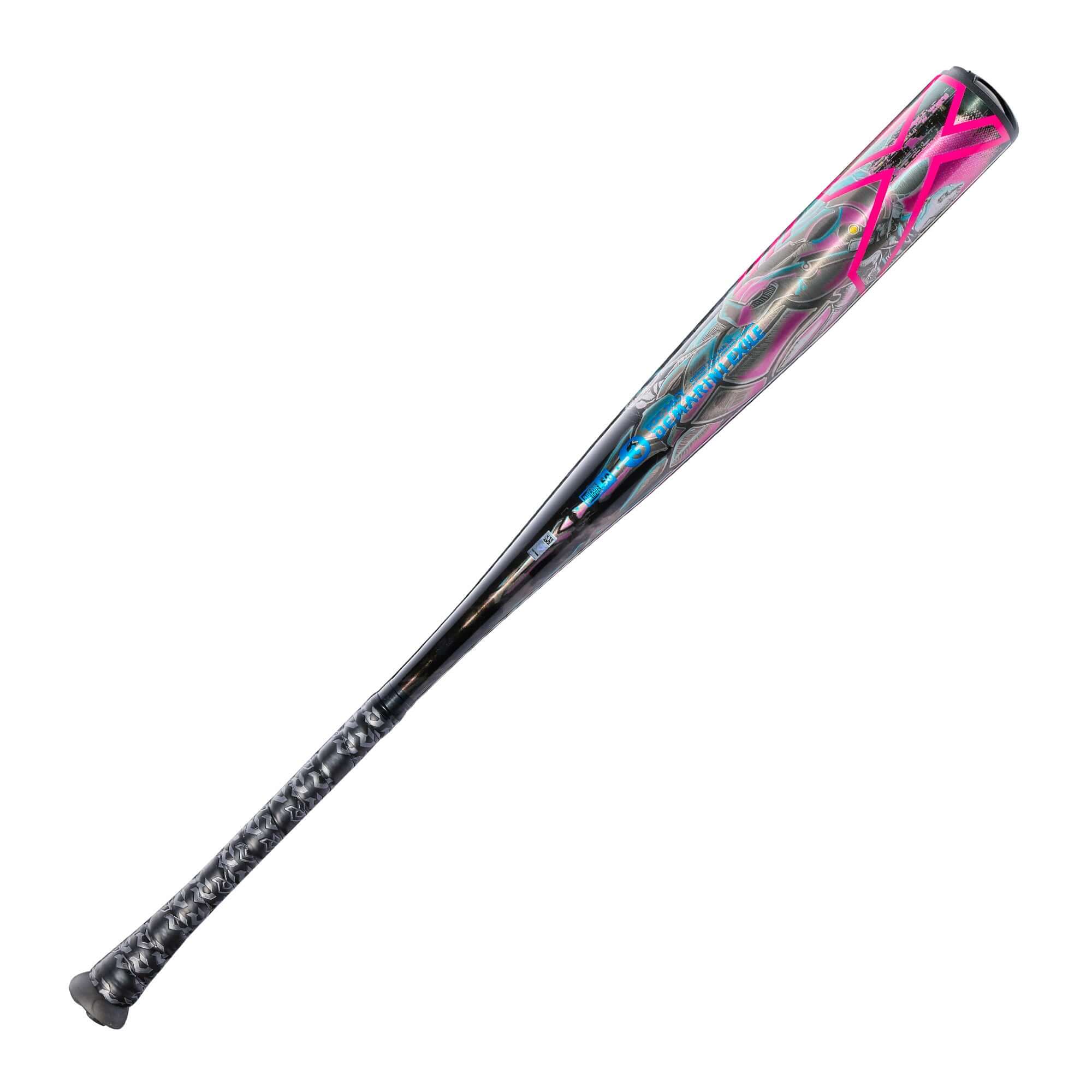 Back view of 2026 DeMarini Exile Cyborg BBCOR Baseball Bat with reflective silver alloy design