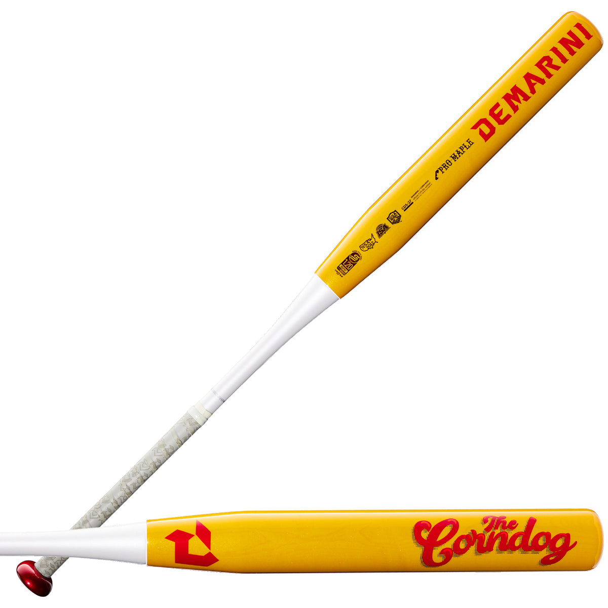 2027 DeMarini Corndog Wood Composite Softball Bat with yellow barrel and red logo, designed for wood-only leagues and slowpitch players.