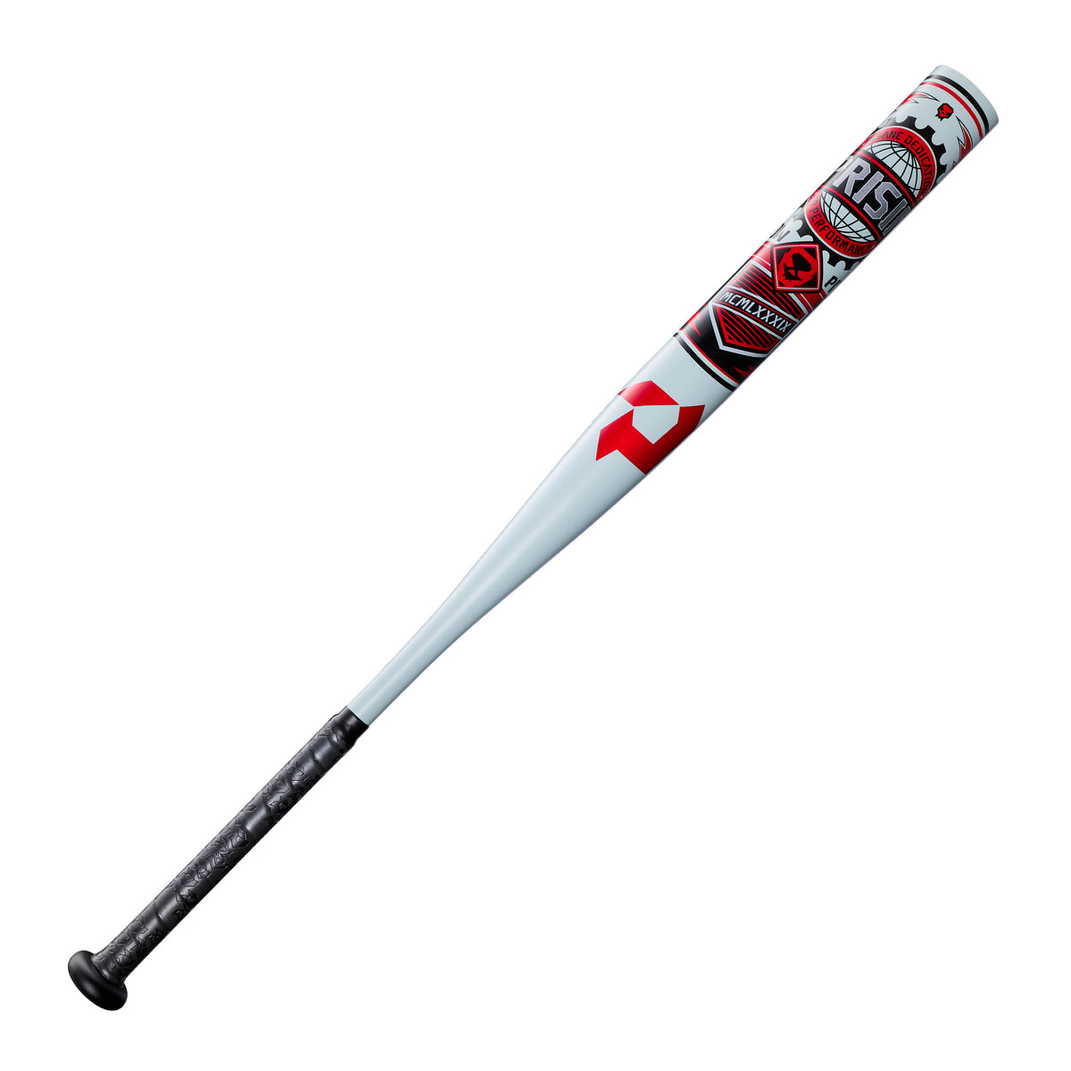 2027 DeMarini Uprising Slowpitch Softball Bat with red and black graphics, featuring durable one-piece alloy construction for improved performance.