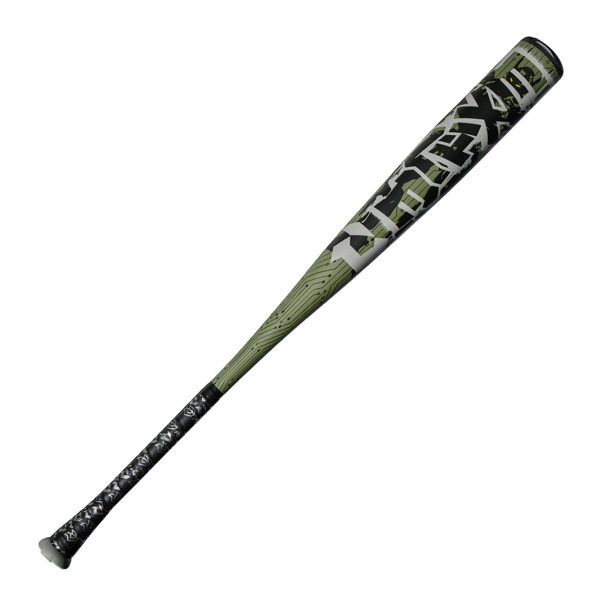 Side profile of olive green 2027 DeMarini Exile (-3) BBCOR Baseball Bat showing barrel graphics and black grip.