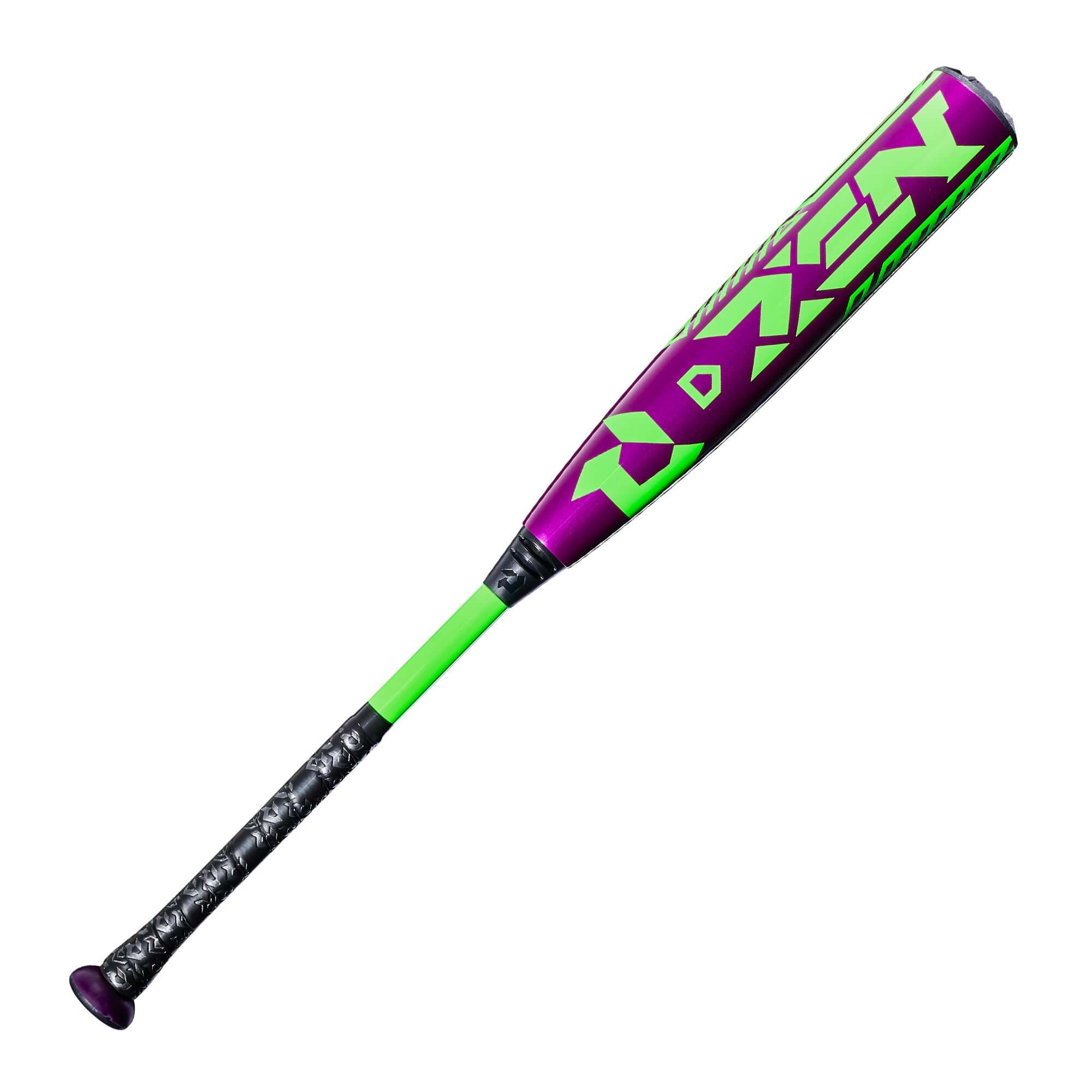 2027 DeMarini Zen (-10) USSSA Baseball Bat side profile view with purple and green graphics