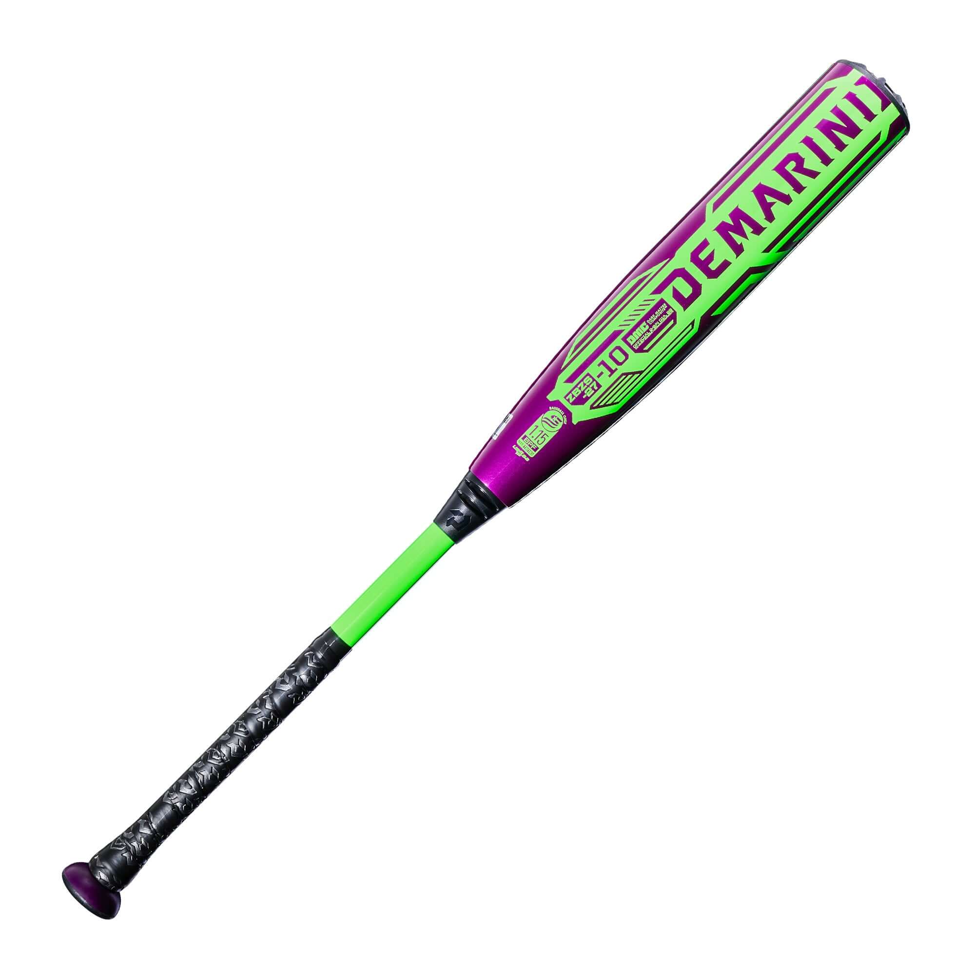 Side profile of 2027 DeMarini Zen (-10) USSSA Baseball Bat, purple and green with visible brand logo and weight stamp.