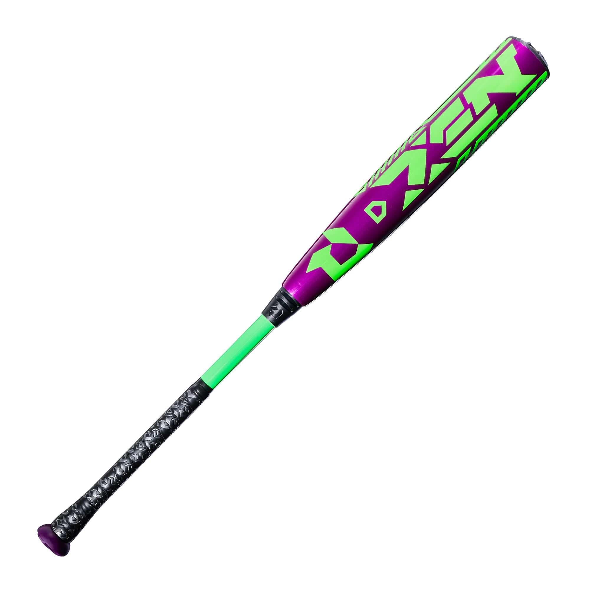 2027 DeMarini ZEN SL (-5) Baseball Bat side profile view, purple and green barrel with black grip
