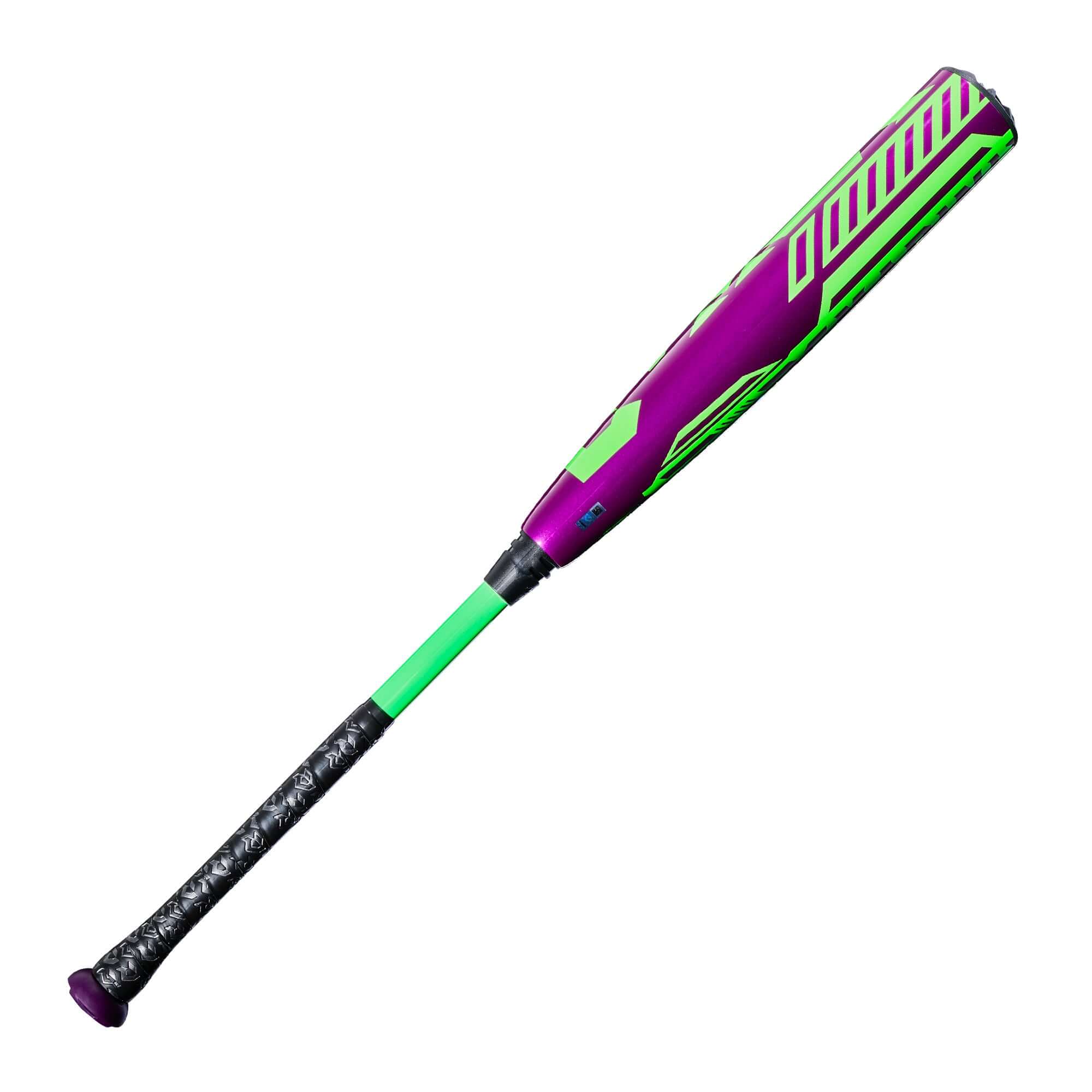 2027 DeMarini ZEN SL (-5) Baseball Bat side profile view, purple and neon green color, visible grip detail.