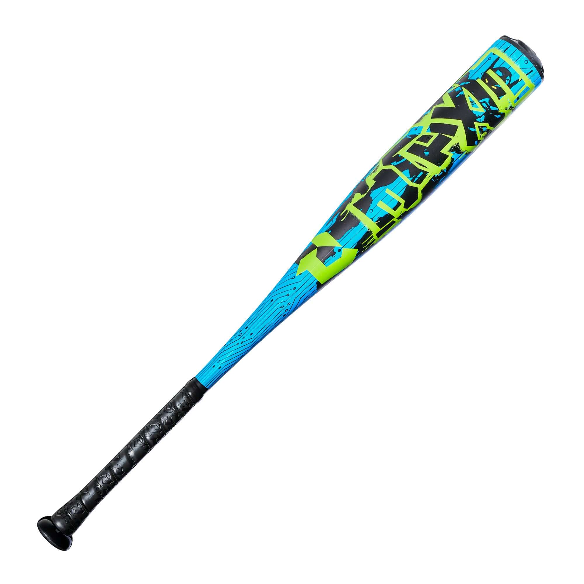 2027 DeMarini Exile SL (-10) Baseball Bat side profile, blue and green graphics visible