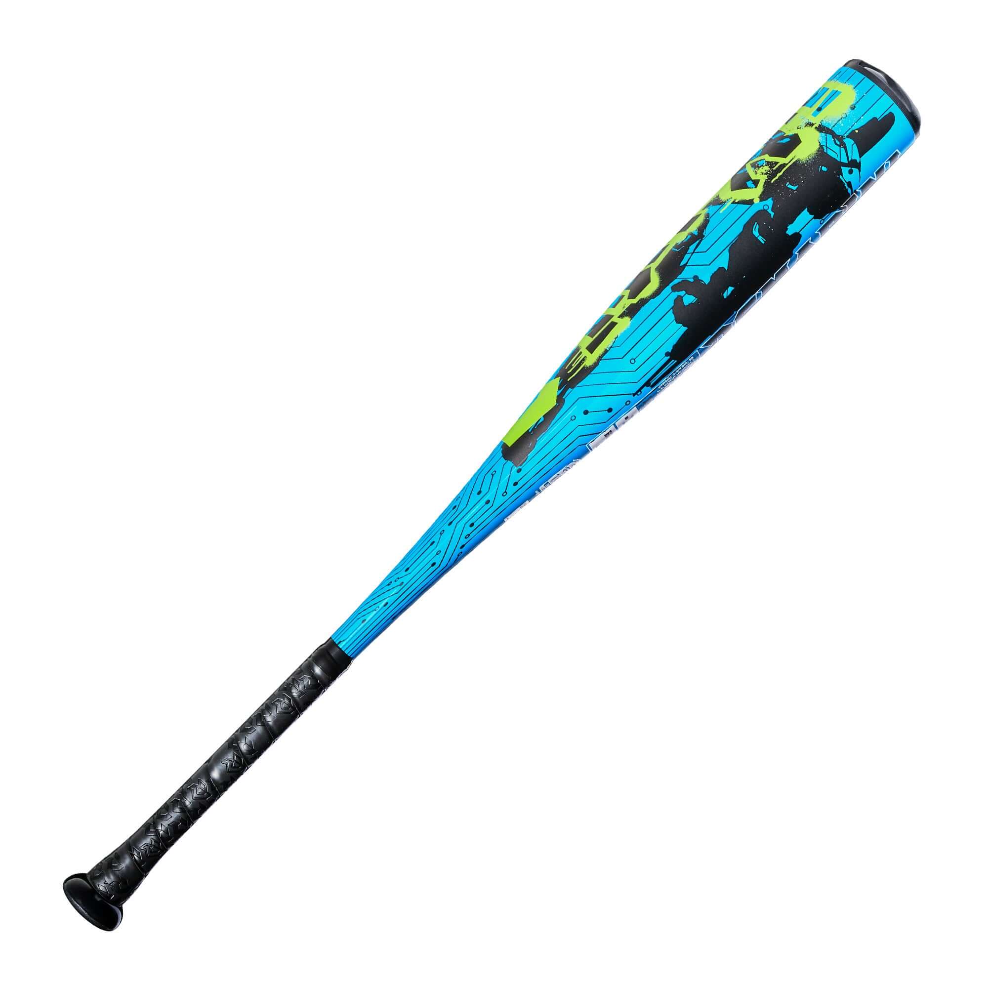 2027 DeMarini Exile SL (-10) Baseball Bat side profile, blue barrel with green and black graphics.