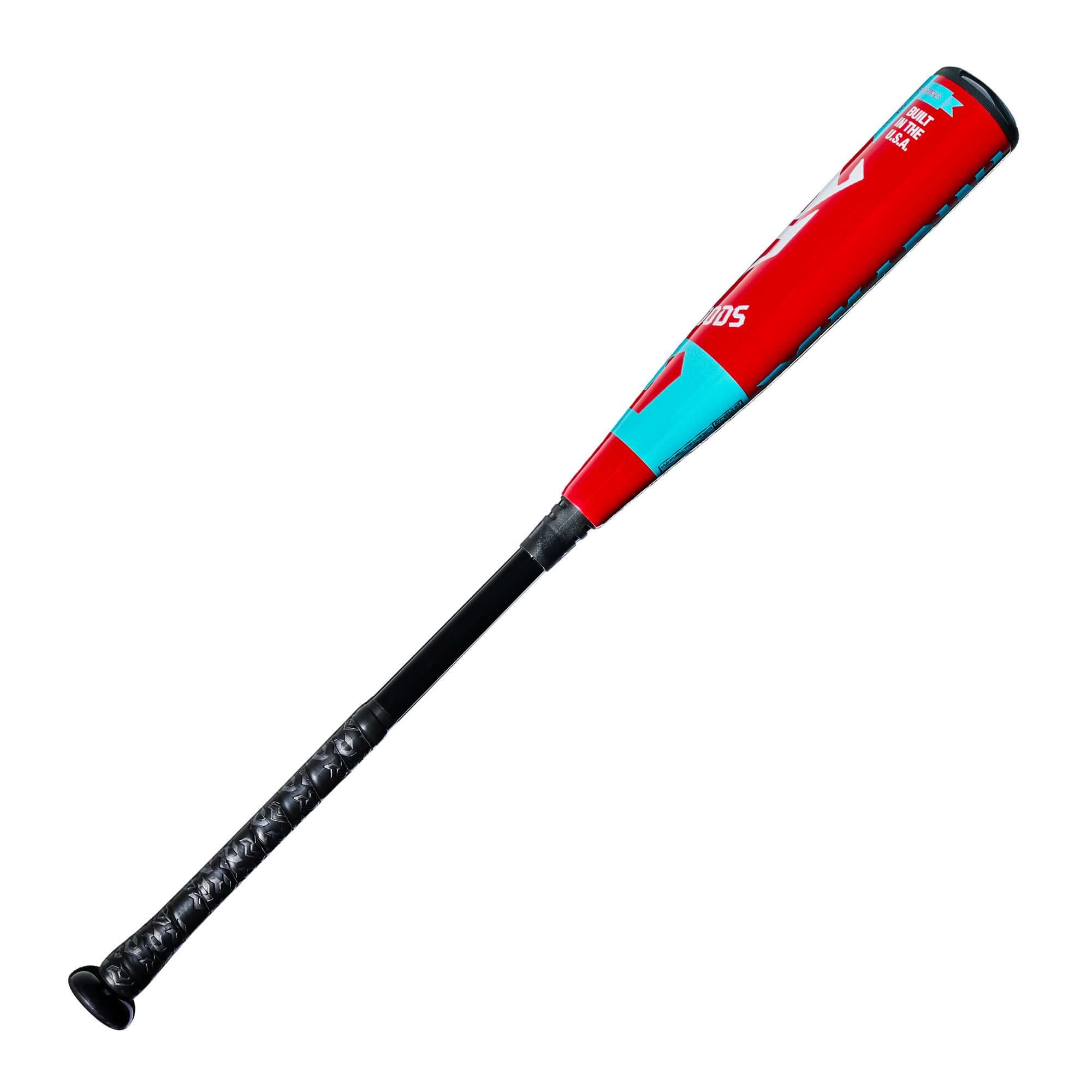 Side view of 2027 DeMarini The Goods (-10) USA Baseball Bat with red and teal barrel.
