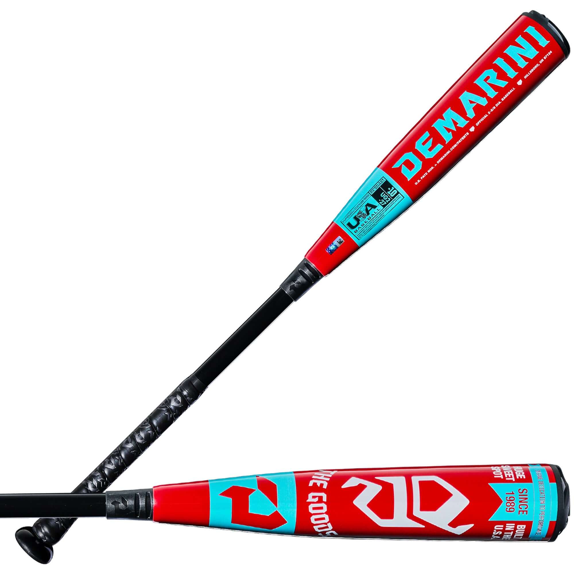 2027 DeMarini The Goods (-10) USA Baseball Bat side profile with red and blue graphics and USA certification mark.