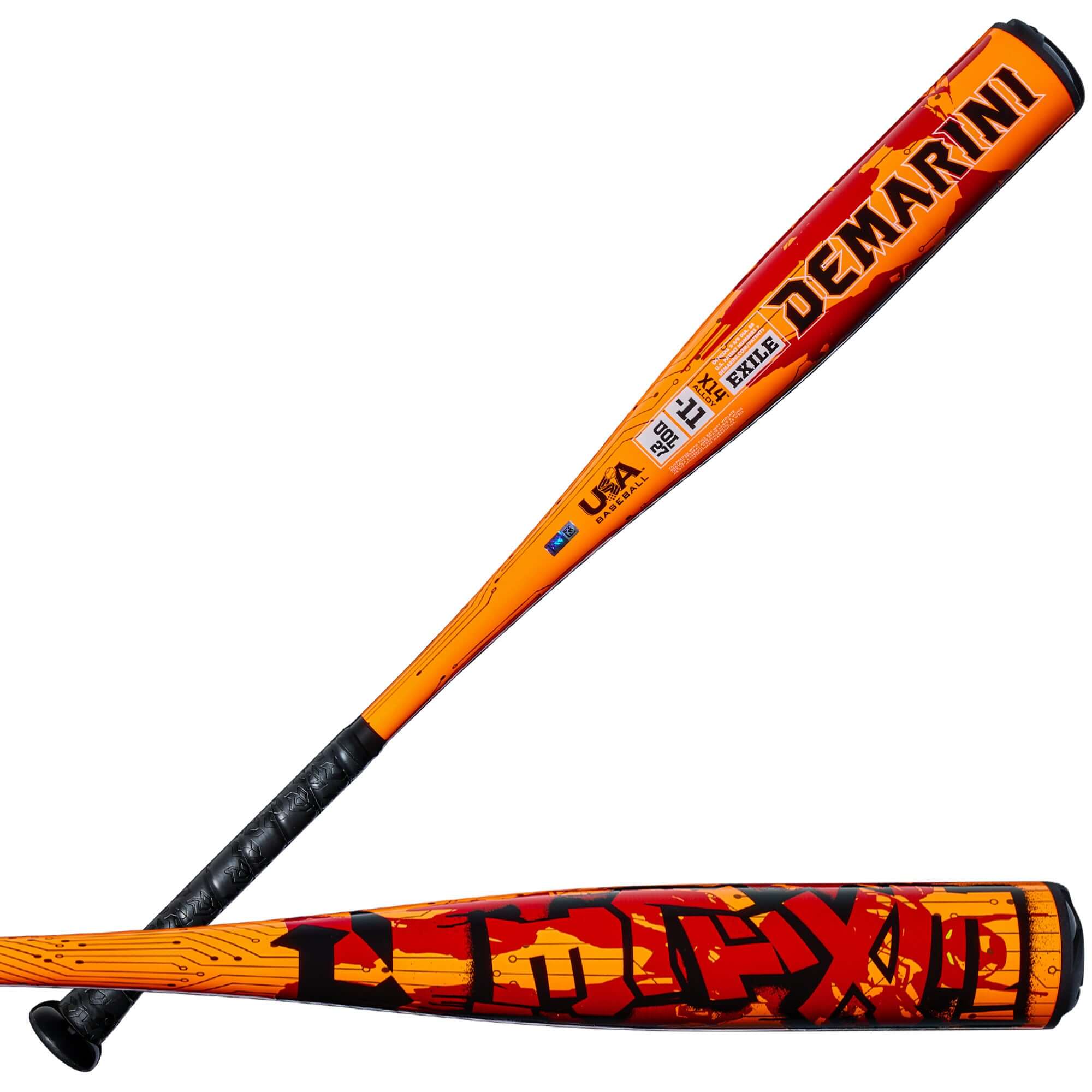 2027 DeMarini Exile (-11) USA Baseball Bat with orange and black design, stiff alloy construction for young hitters.