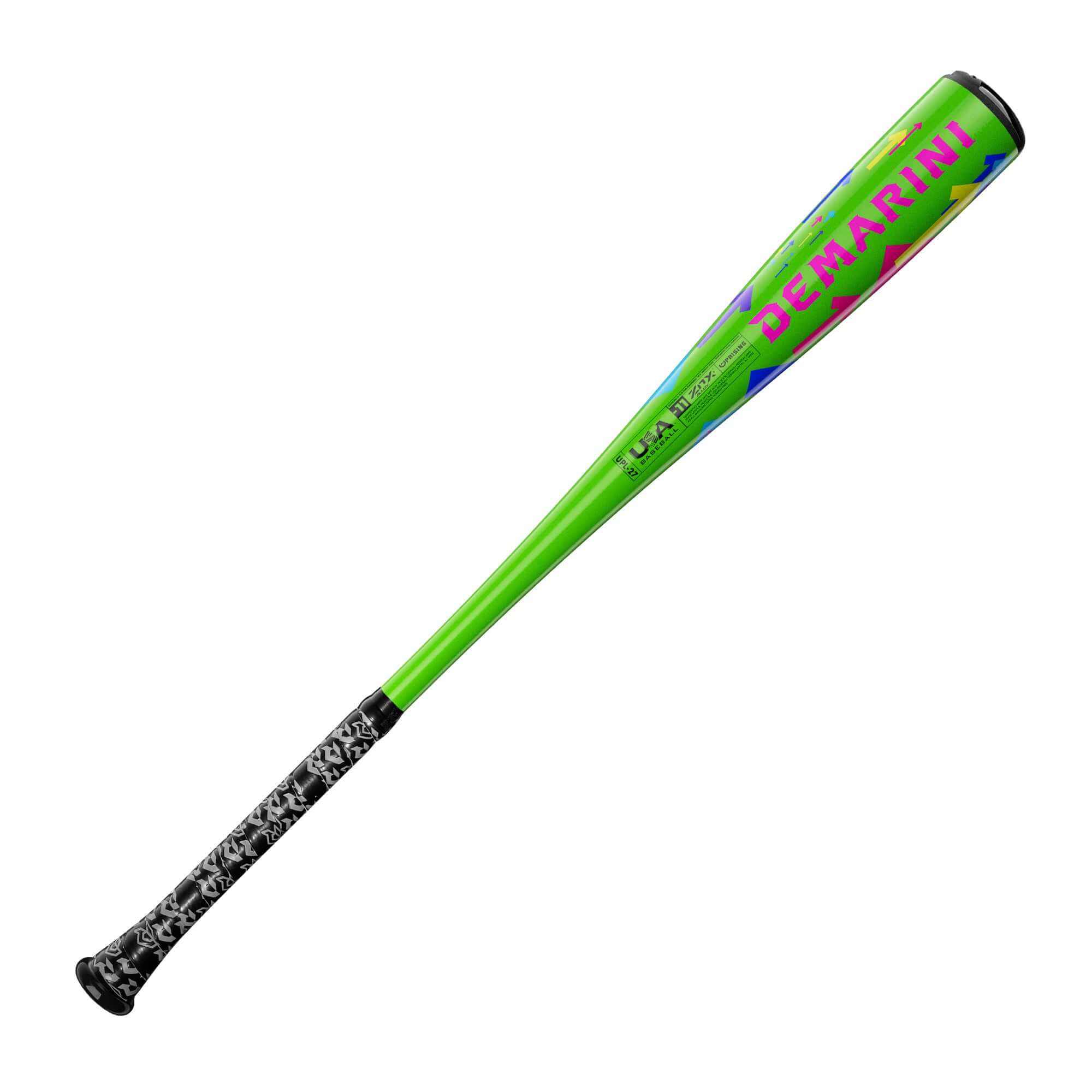 2027 DeMarini Uprising (-11) USA Baseball Bat, side profile showcasing green barrel with USA certification mark.