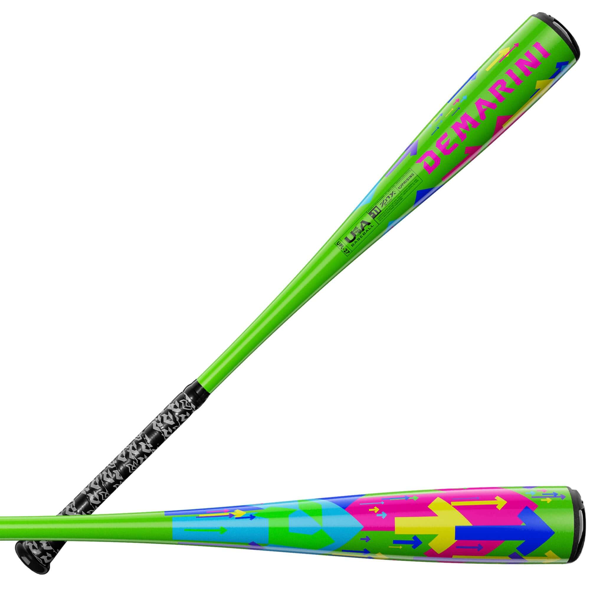 2027 DeMarini Uprising (-11) USA Baseball Bat side profile, neon green with colorful graphics, visible USA certification mark.