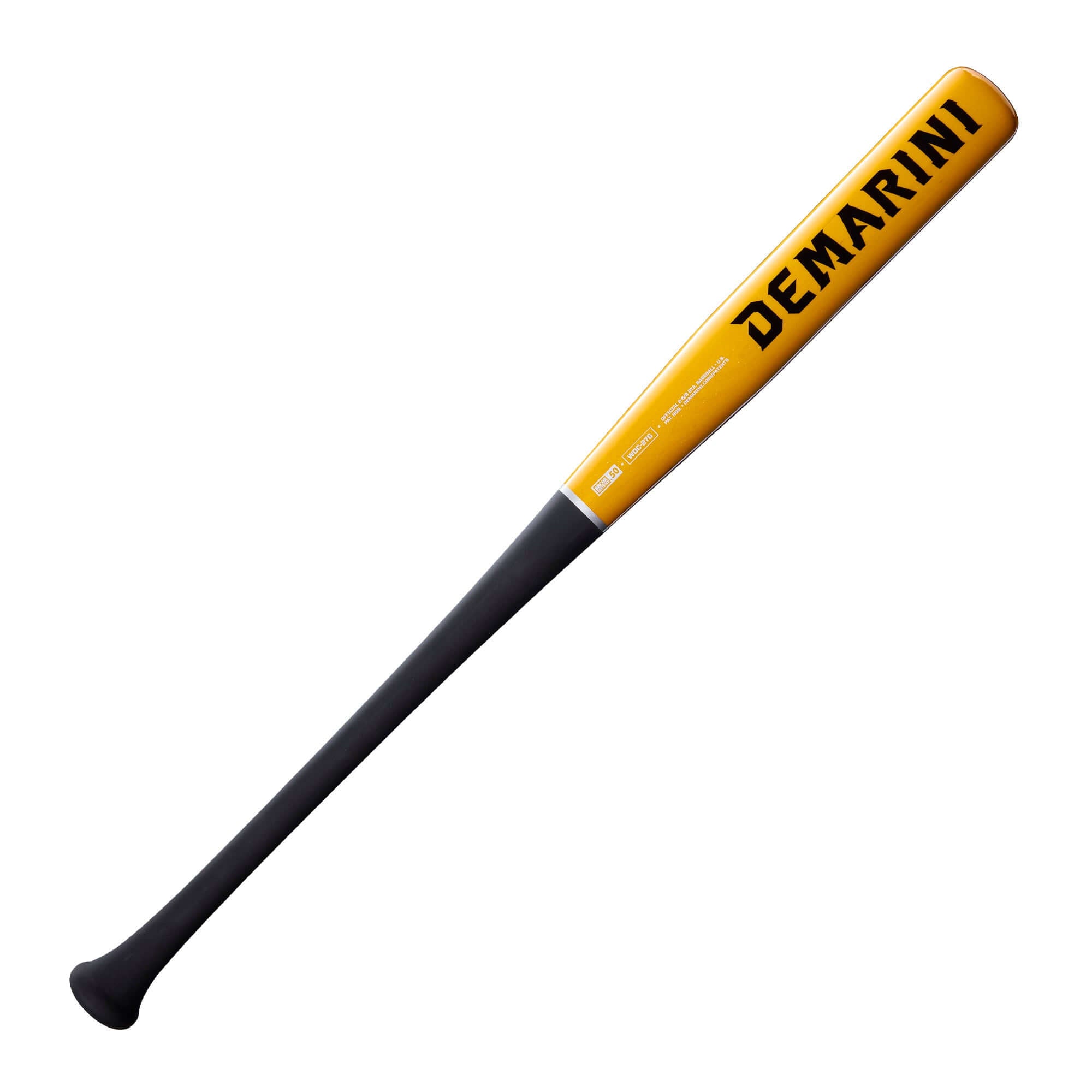 Side profile view of 2027 DeMarini The Woods Baseball Bat, orange barrel with black handle, featuring bold DeMarini branding.