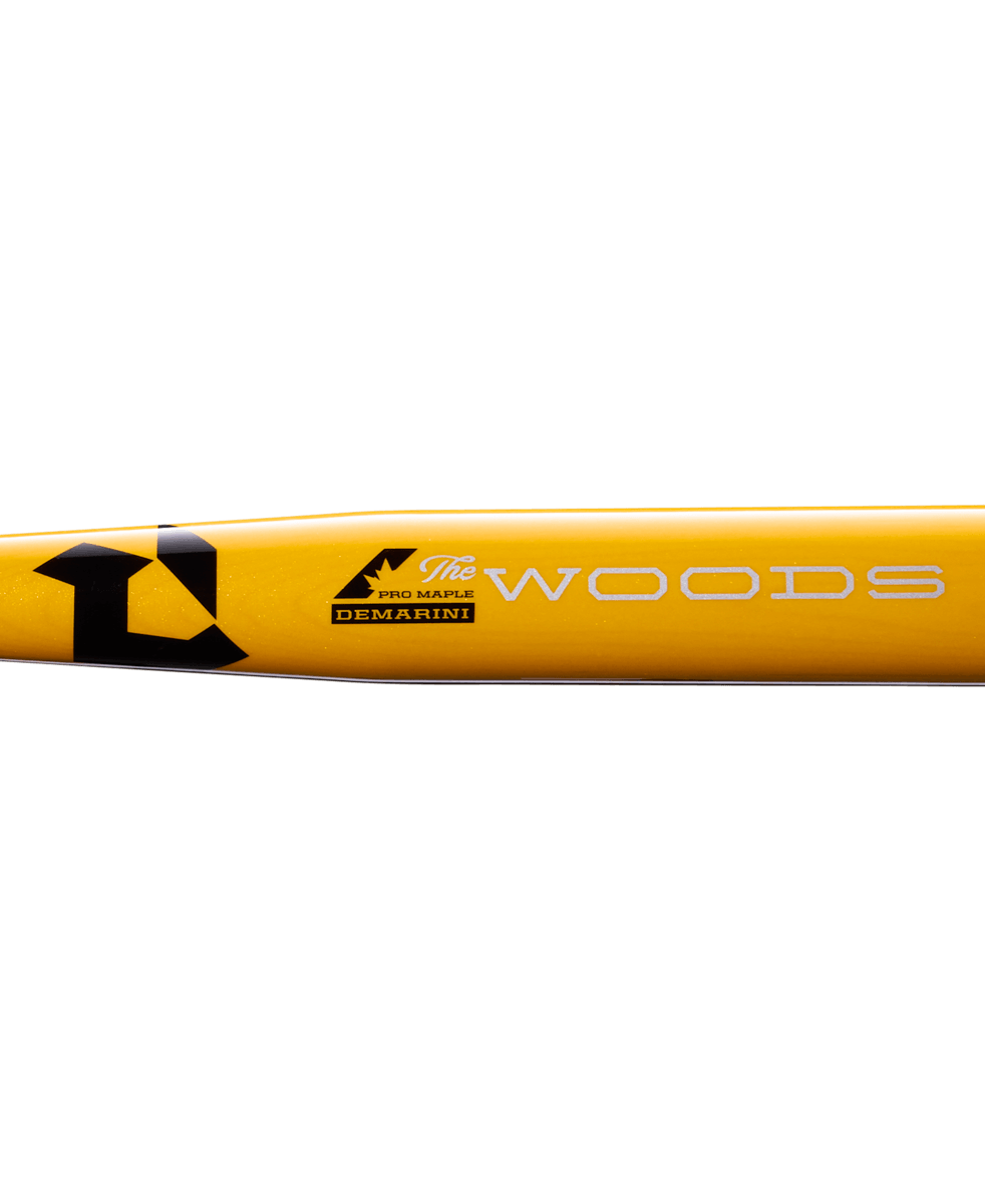 Side view of yellow 2027 DeMarini The Woods Baseball Bat with logo and branding visible on the barrel.