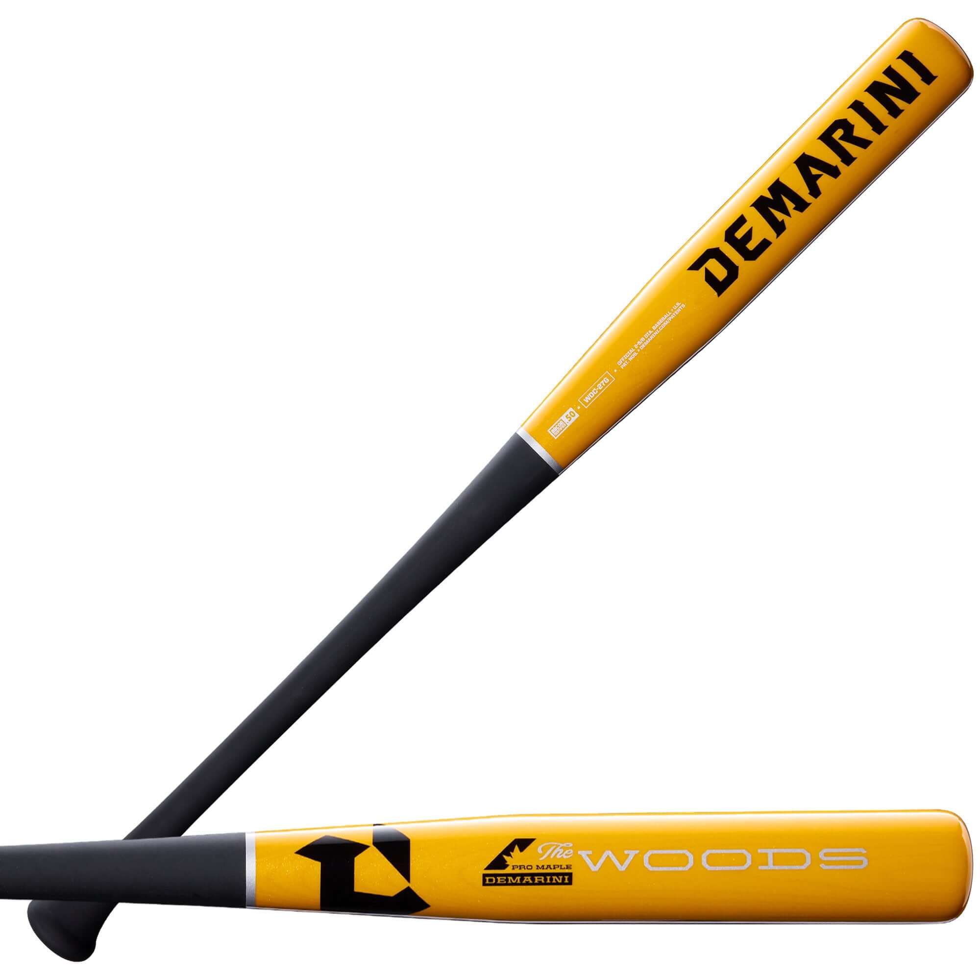Side profile view of yellow 2027 DeMarini The Woods Baseball Bat with black graphics and visible drop weight marking.