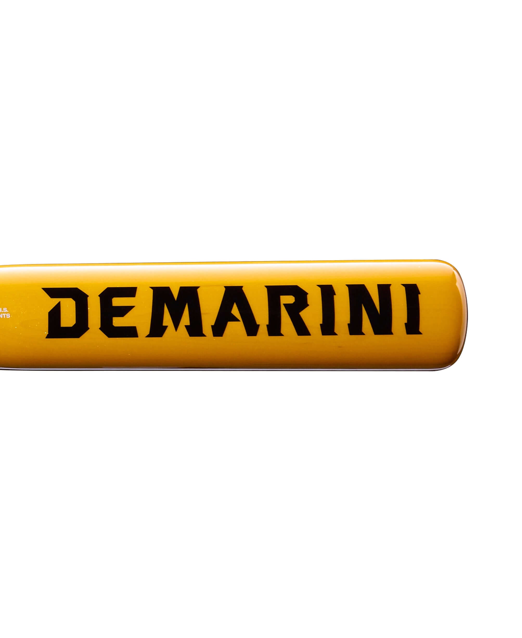 Side barrel view of 2027 DeMarini The Woods Baseball Bat with bold black logo on yellow background.