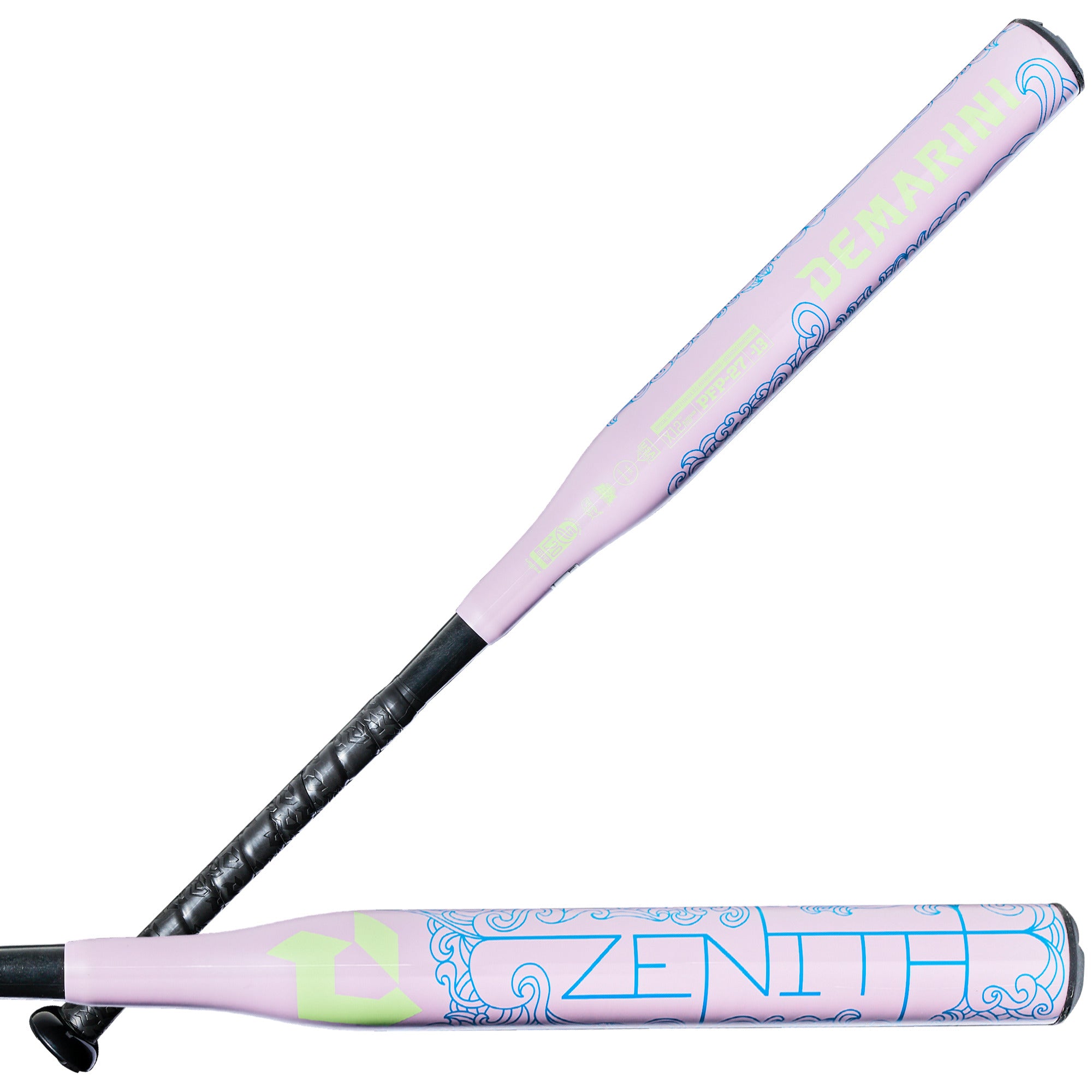 2027 DeMarini Zenith (-13) Fastpitch Softball Bat in pink and blue with lightweight design for young hitters.