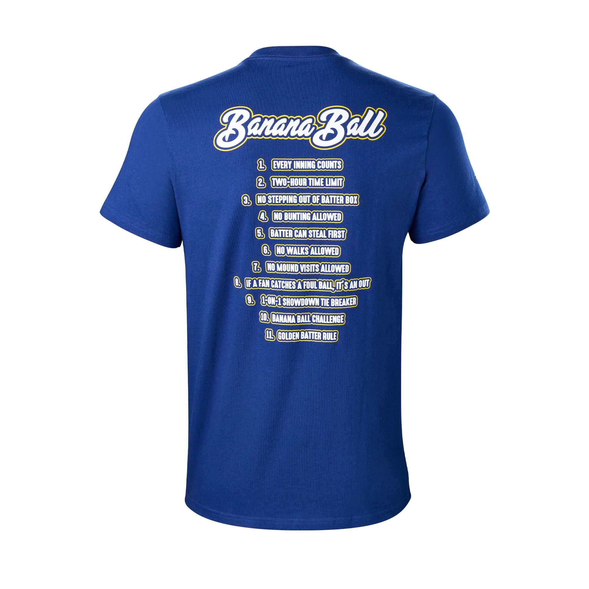 Back view of EvoShield Youth Savannah Bananas BBR2 Tee in navy displaying Banana Ball rules in white and yellow text.