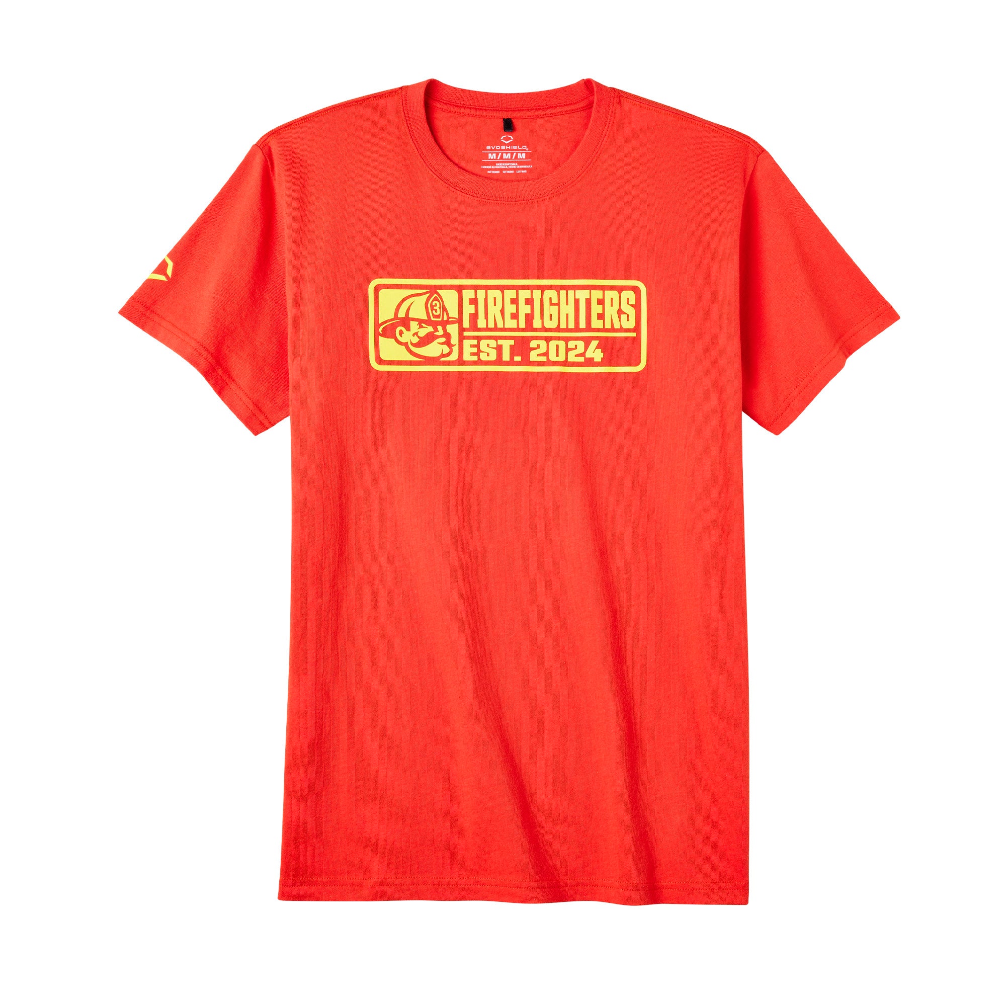 EvoShield Youth Firefighters HWY80 Tee in vibrant red with baseball team graphic, perfect for young fans.