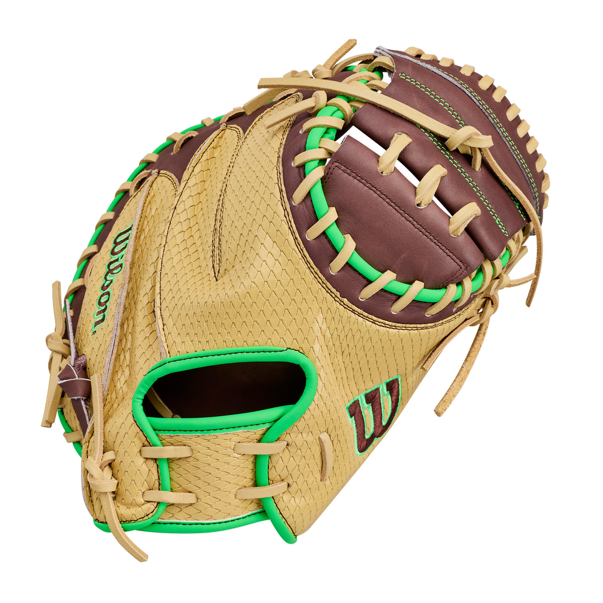 Wilson A1000 SMU CM33 "Dubai" 33" Catchers Mitt with blonde and dark brown leather, neon-green accents, and Half Moon Web.