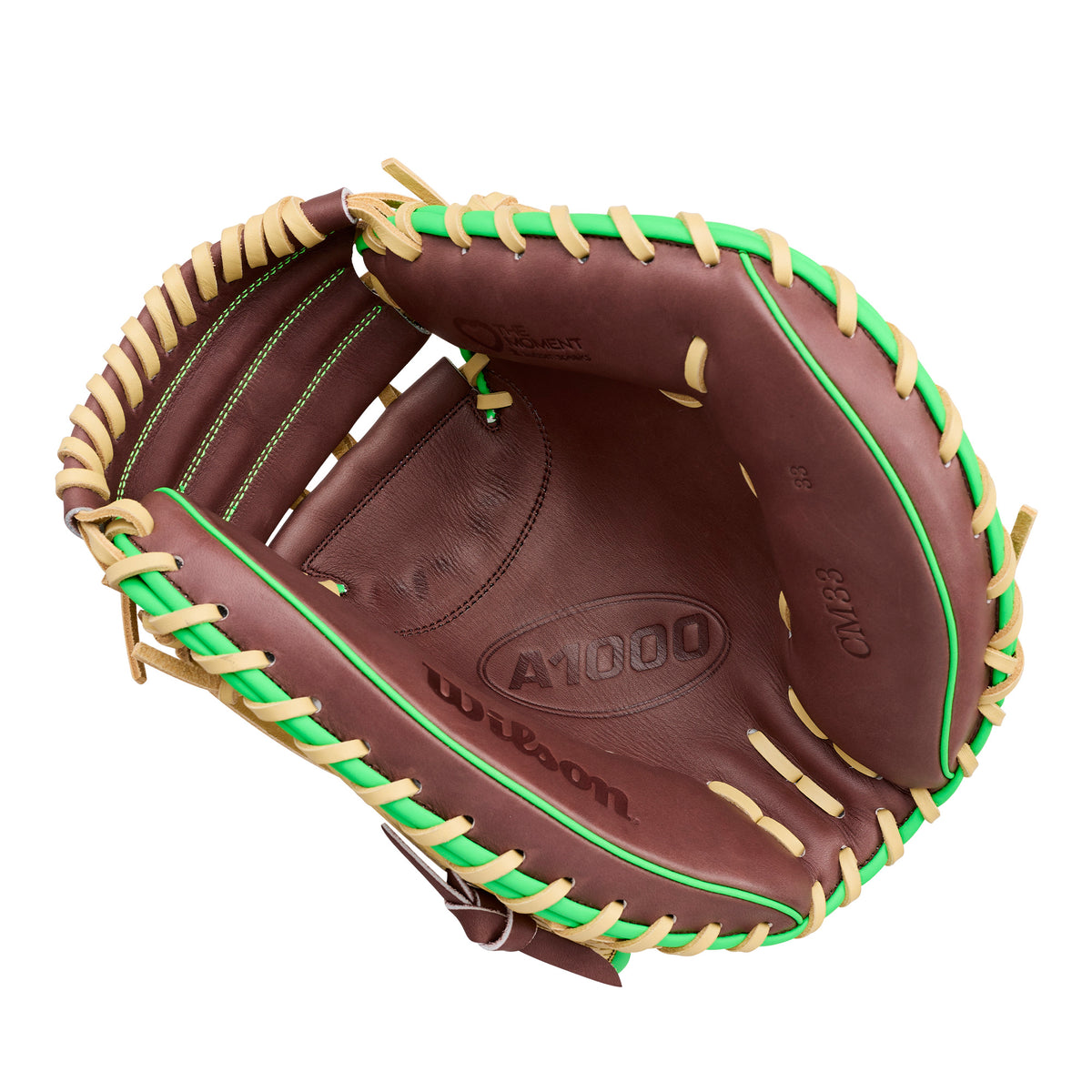 Wilson A1000 SMU CM33 "Dubai" 33" Catchers Mitt with Half Moon Web, blonde and dark brown leather, and neon-green accents.