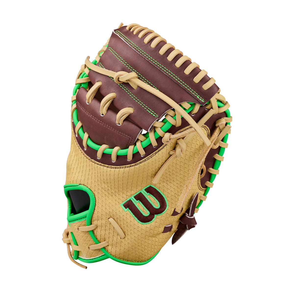 Wilson A1000 SMU CM33 "Dubai" 33" Catchers Mitt in blonde and dark brown with neon-green, featuring Half Moon Web design.
