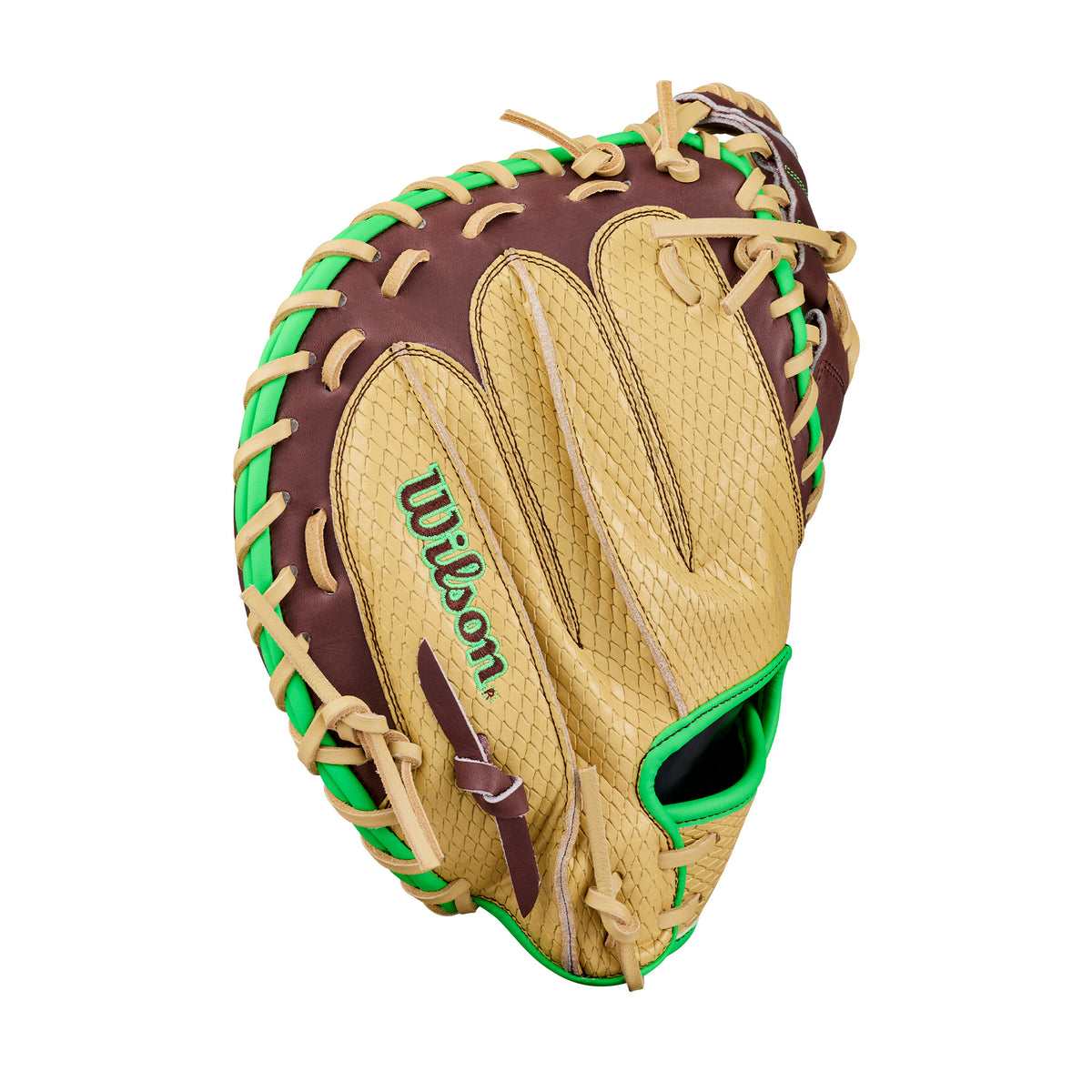Wilson A1000 SMU CM33 "Dubai" 33" Catchers Mitt with Half Moon Web, blonde and dark brown leather, neon-green accents, DriLex lining.