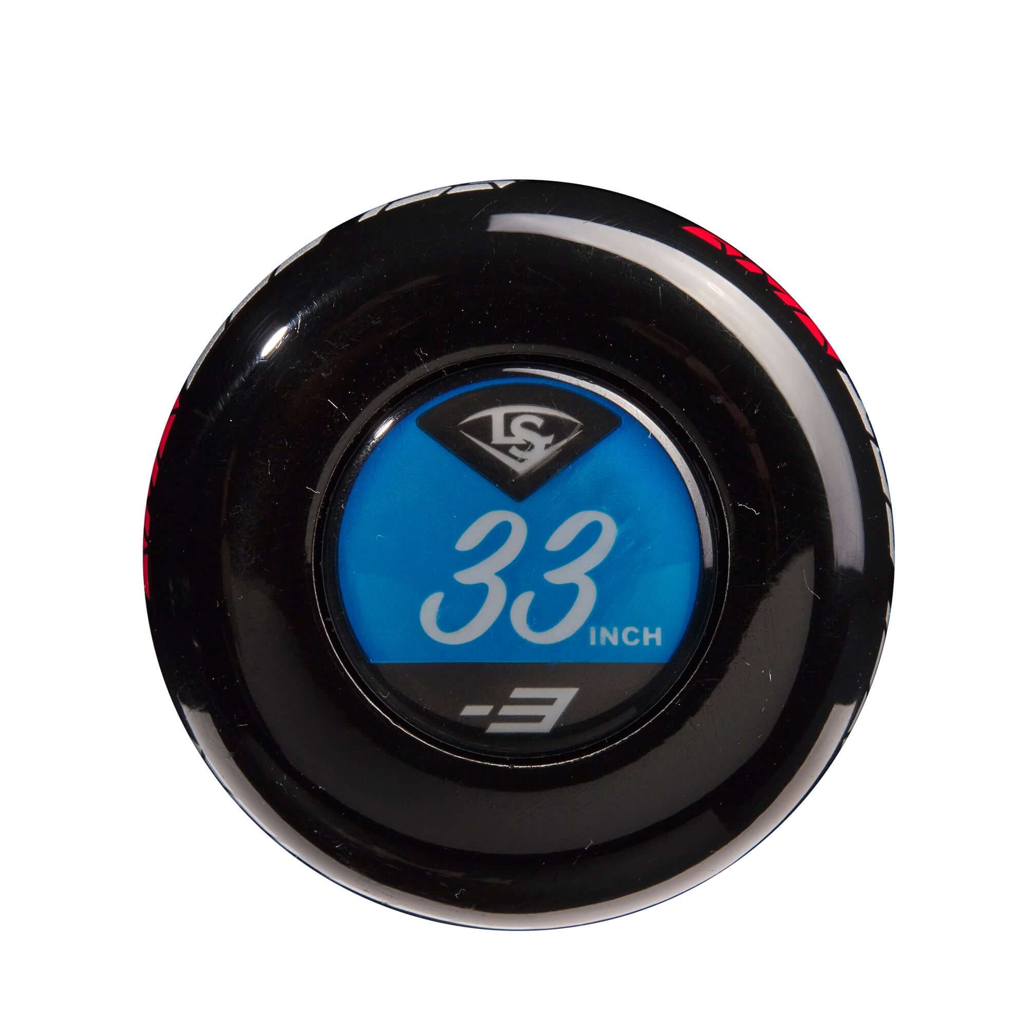 Louisville Slugger 2023 Select PWR BBCOR (-3) bat knob showing 33 inch length and -3 weight designation.