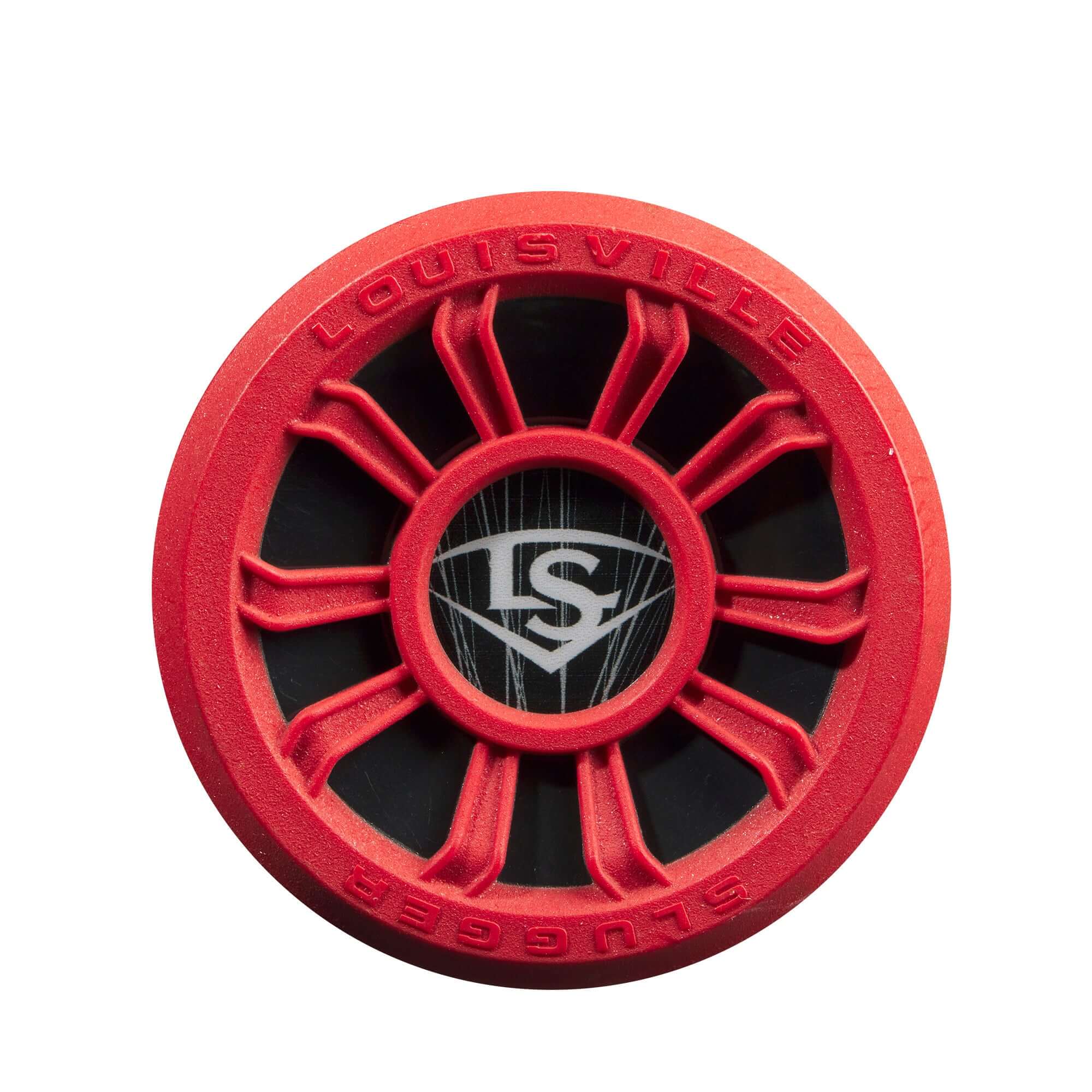 Louisville Slugger logo on the red end cap of a 2023 Select PWR BBCOR baseball bat.