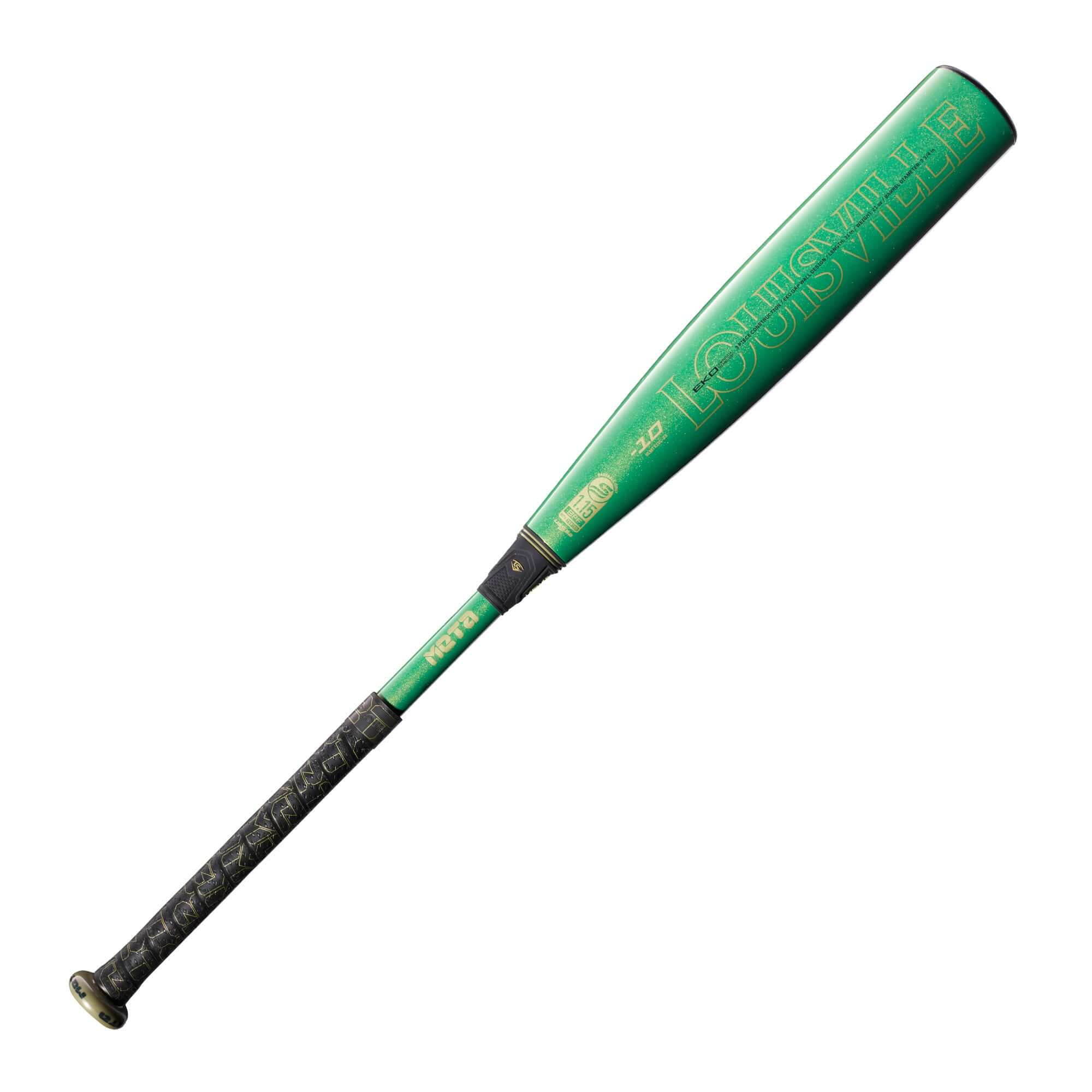 2023 Louisville Slugger Meta (-10) USSSA baseball bat in green, designed for youth players with enhanced performance.