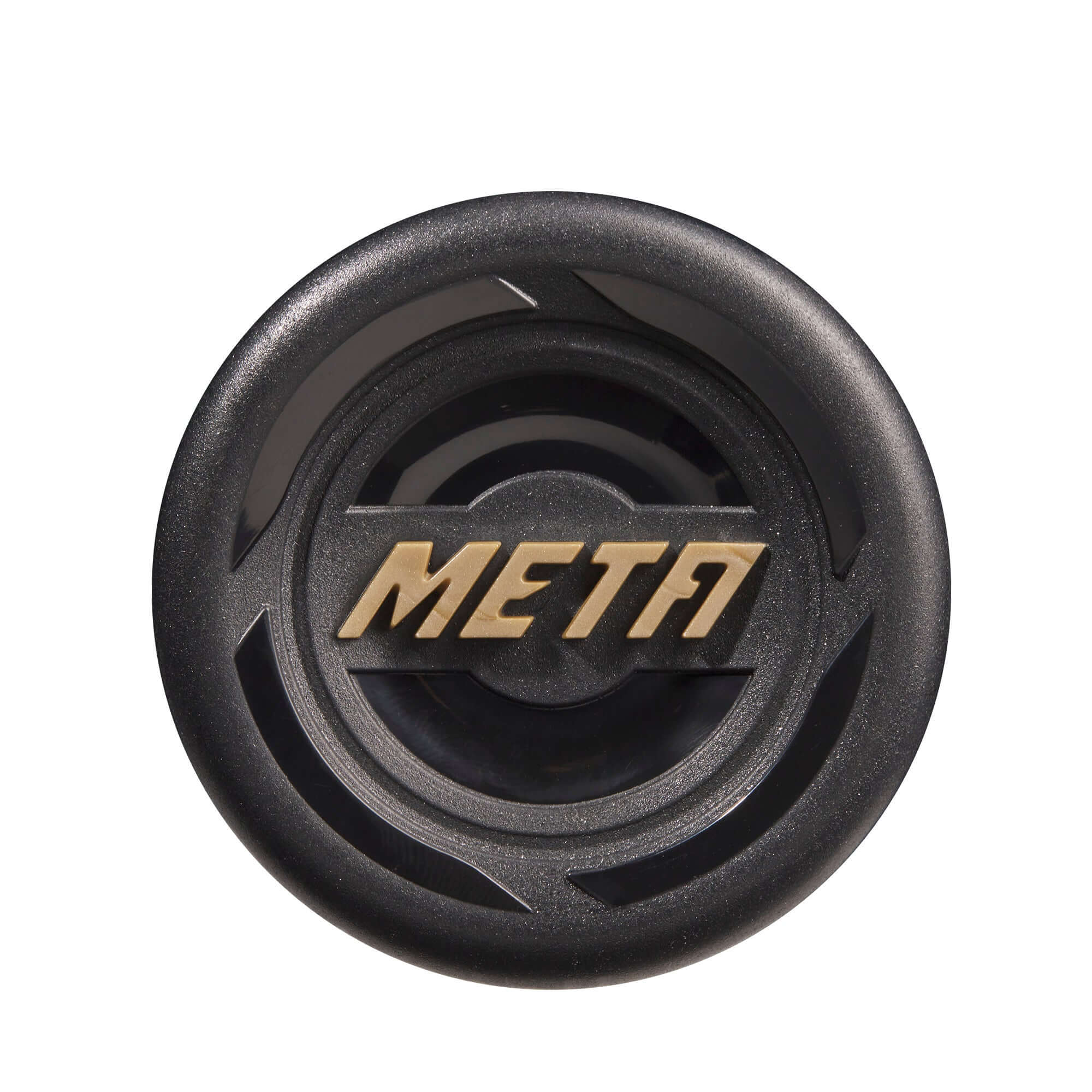Top view of the Louisville Slugger Meta baseball bat logo, featuring a sleek black design with gold lettering.