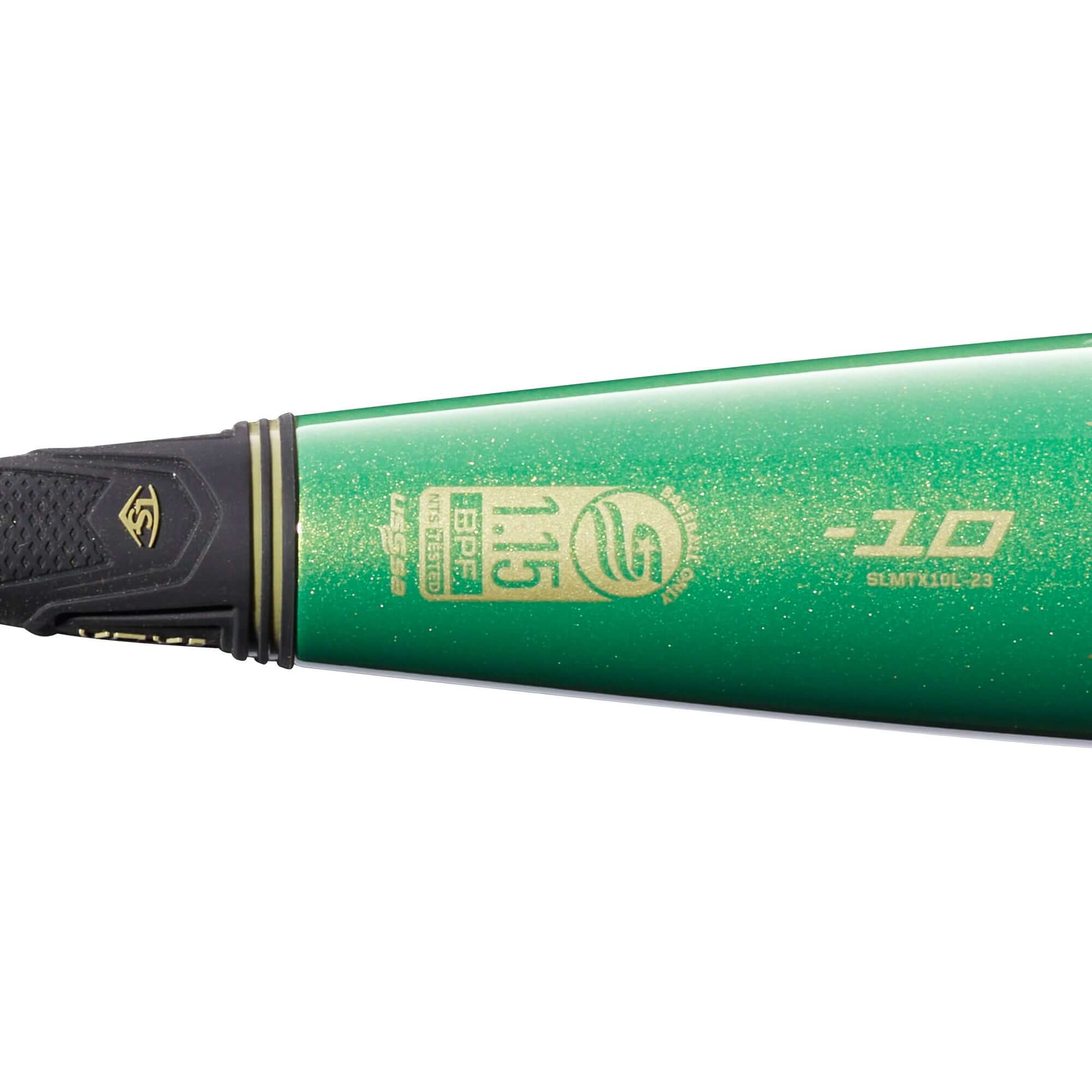 Louisville Slugger 2023 Meta (-10) USSSA baseball bat close-up, featuring a vibrant green barrel and ergonomic grip.