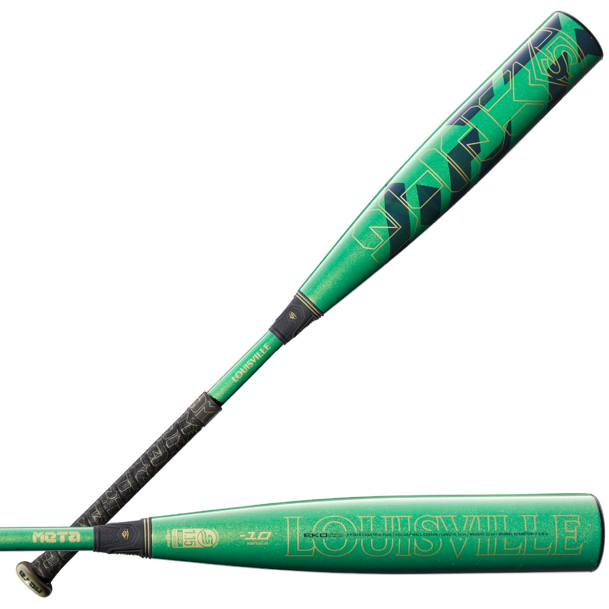 Louisville Slugger 2023 Meta (-10) USSSA baseball bat in vibrant green, showcasing a light-swinging, composite design.