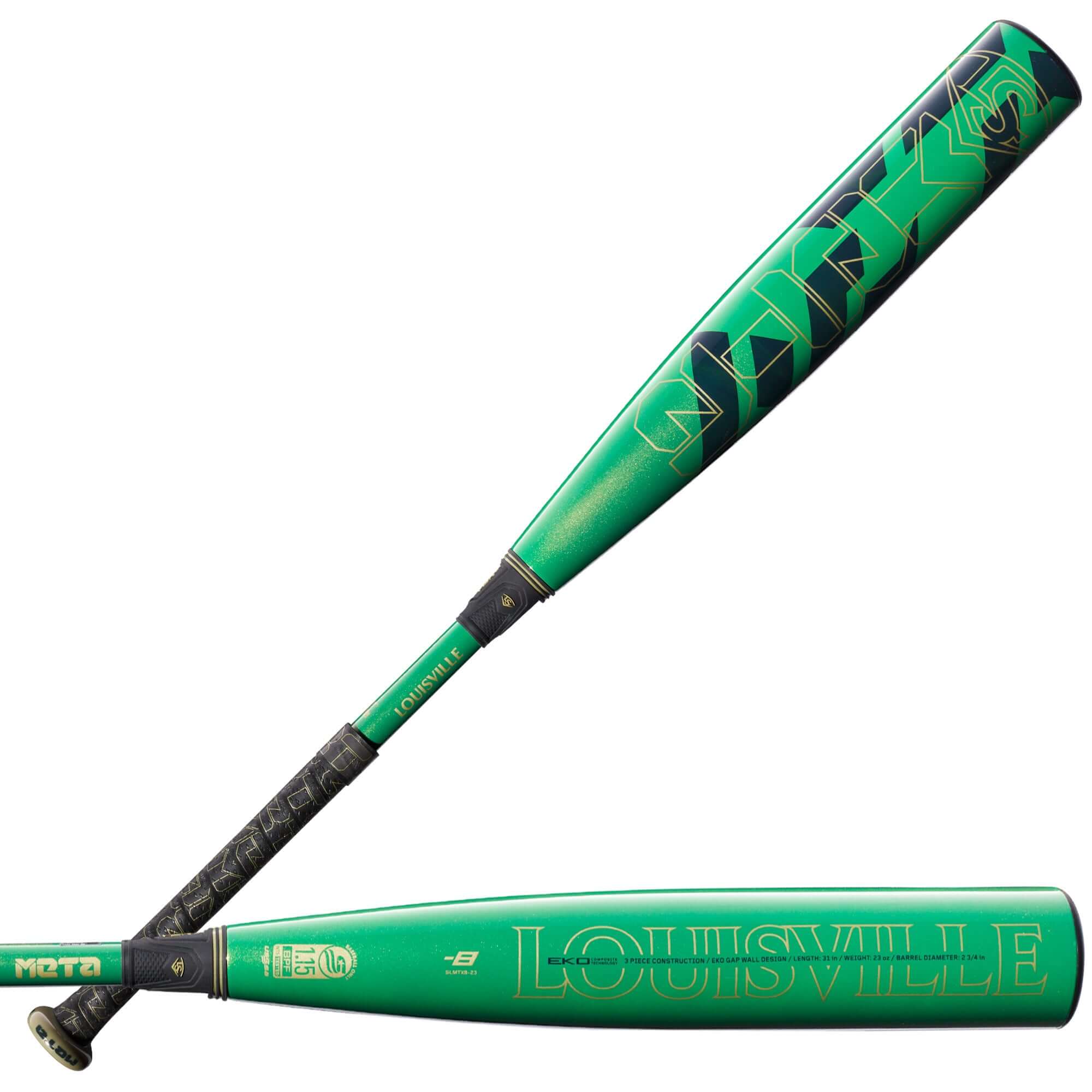 Louisville Slugger 2023 Meta (-8) USSSA baseball bat showcasing its green design and composite material construction.