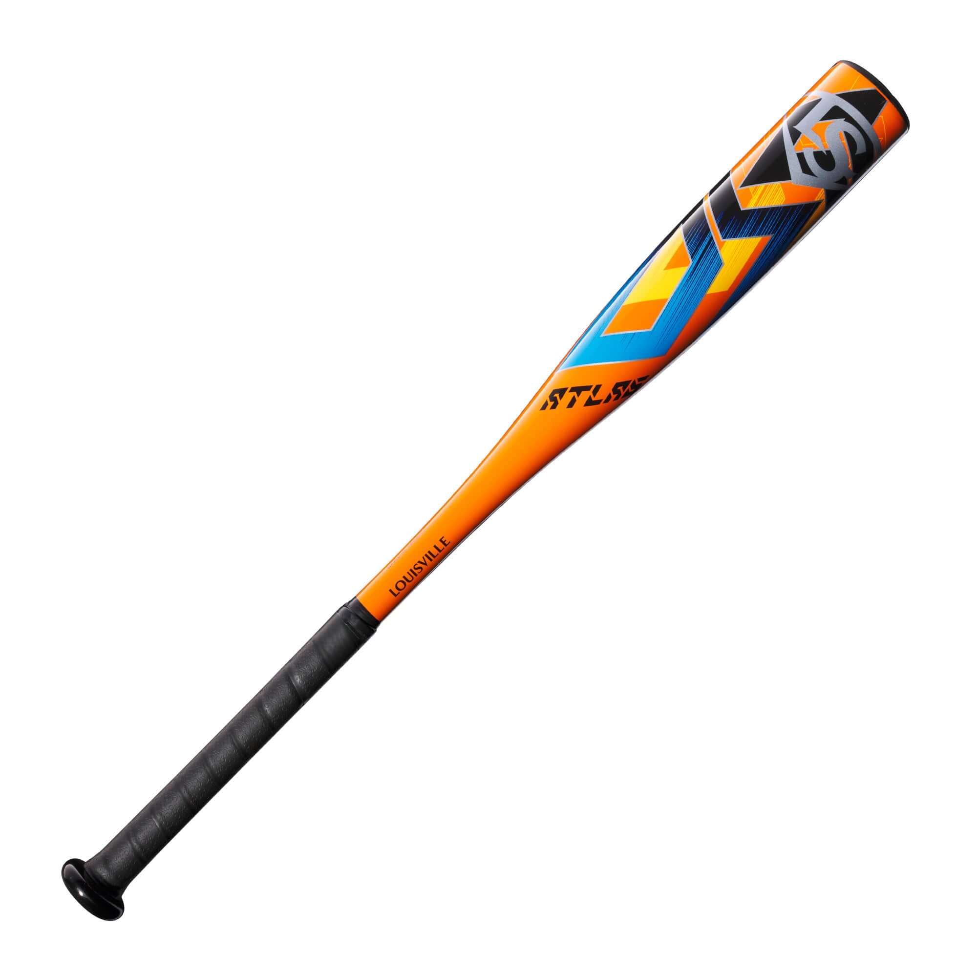 Louisville Slugger Atlas (-12.5) T-Ball bat featuring a vibrant orange and blue design, ideal for beginner players.