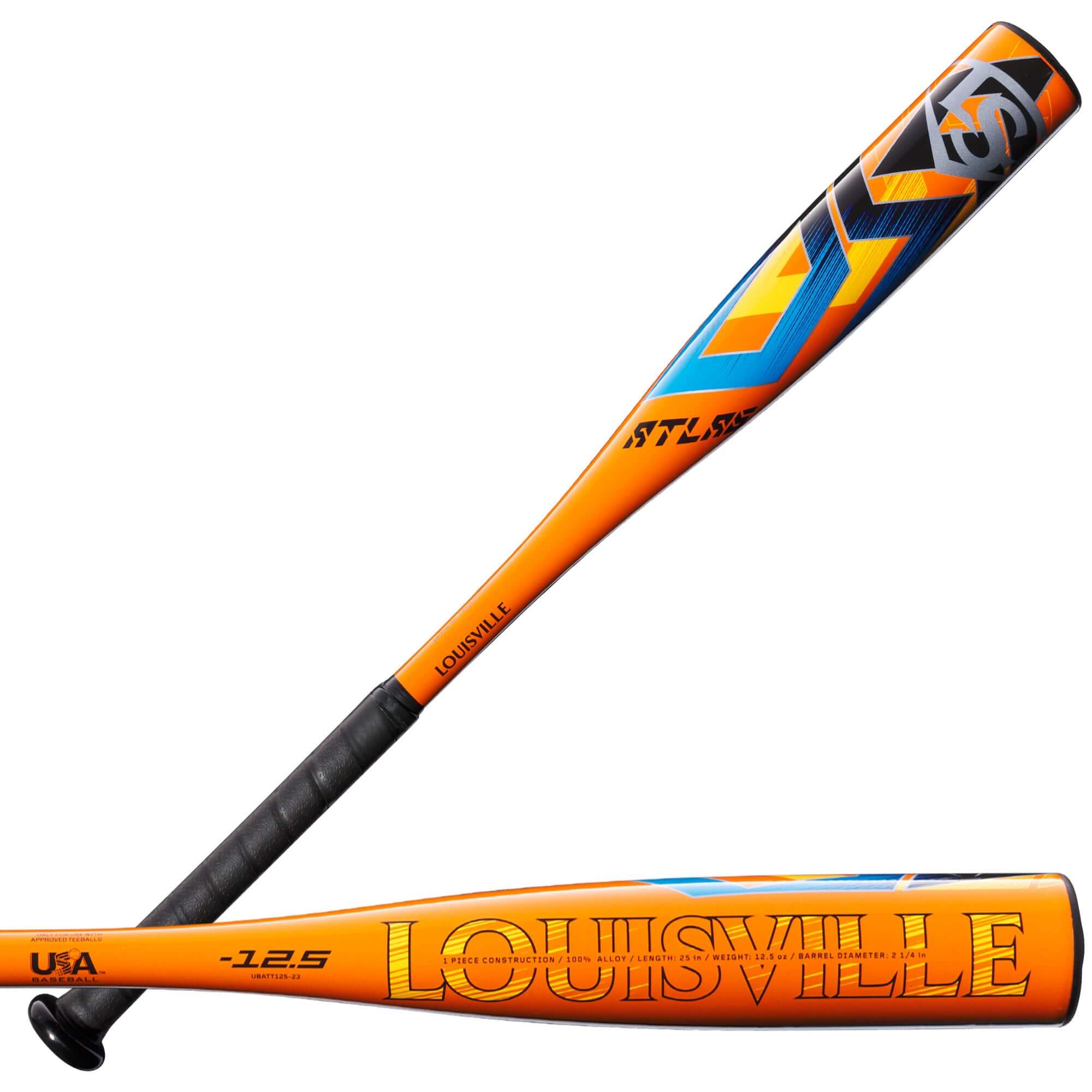 Louisville Slugger Atlas (-12.5) T-Ball bat in vibrant orange and blue, designed for durability and easy swinging.