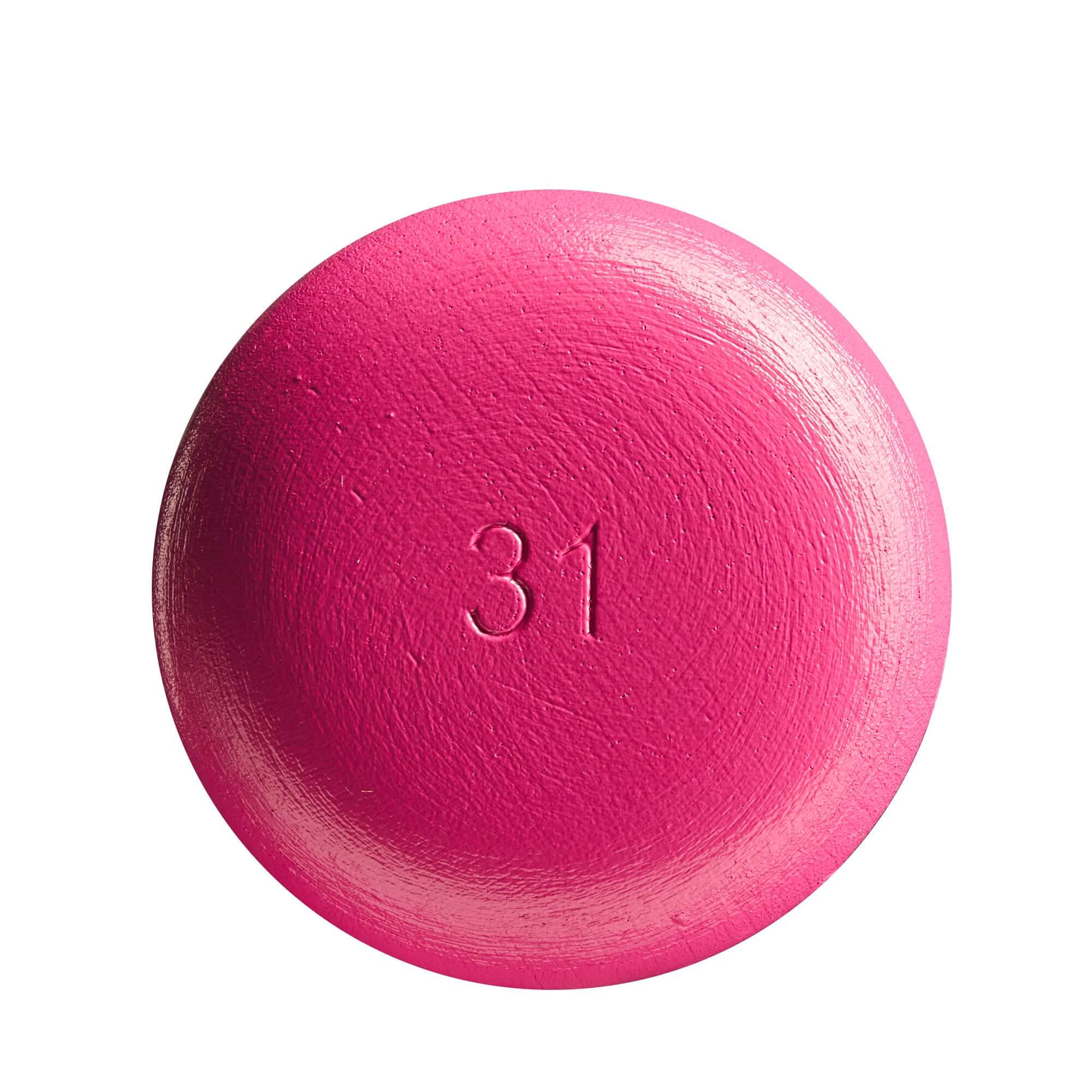 Top view of Louisville Slugger Genuine Pink Maple Baseball Bat with 31 inch marking, showcasing vibrant pink color.