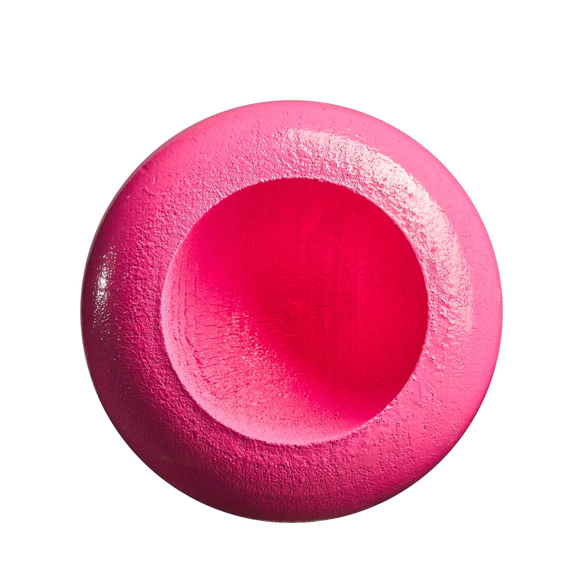 Top view of a vibrant pink baseball bat end, showcasing its smooth finish and cupped design for balanced swinging.