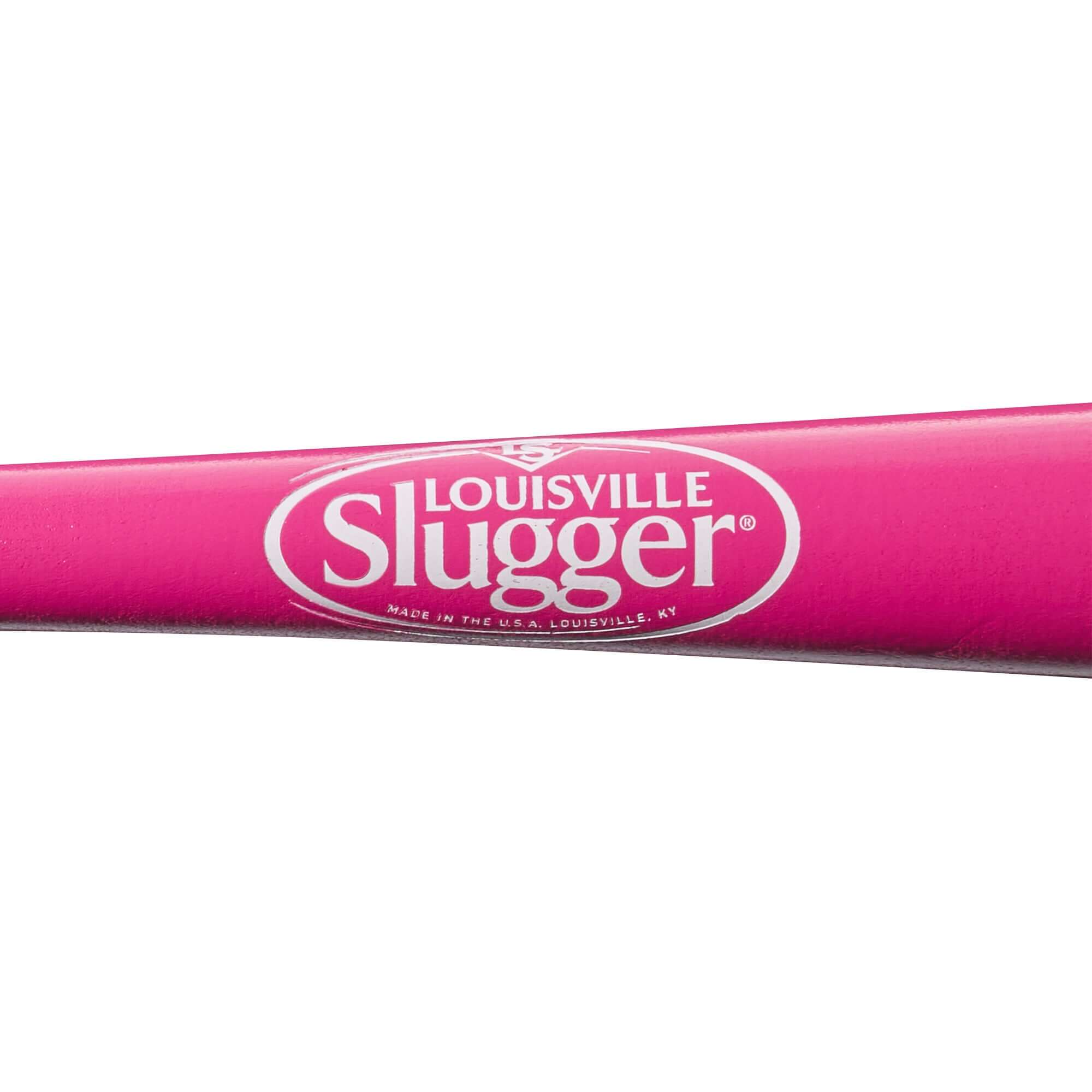 Close-up of Louisville Slugger Genuine Pink Maple baseball bat with vibrant pink finish and contrasting white logo.