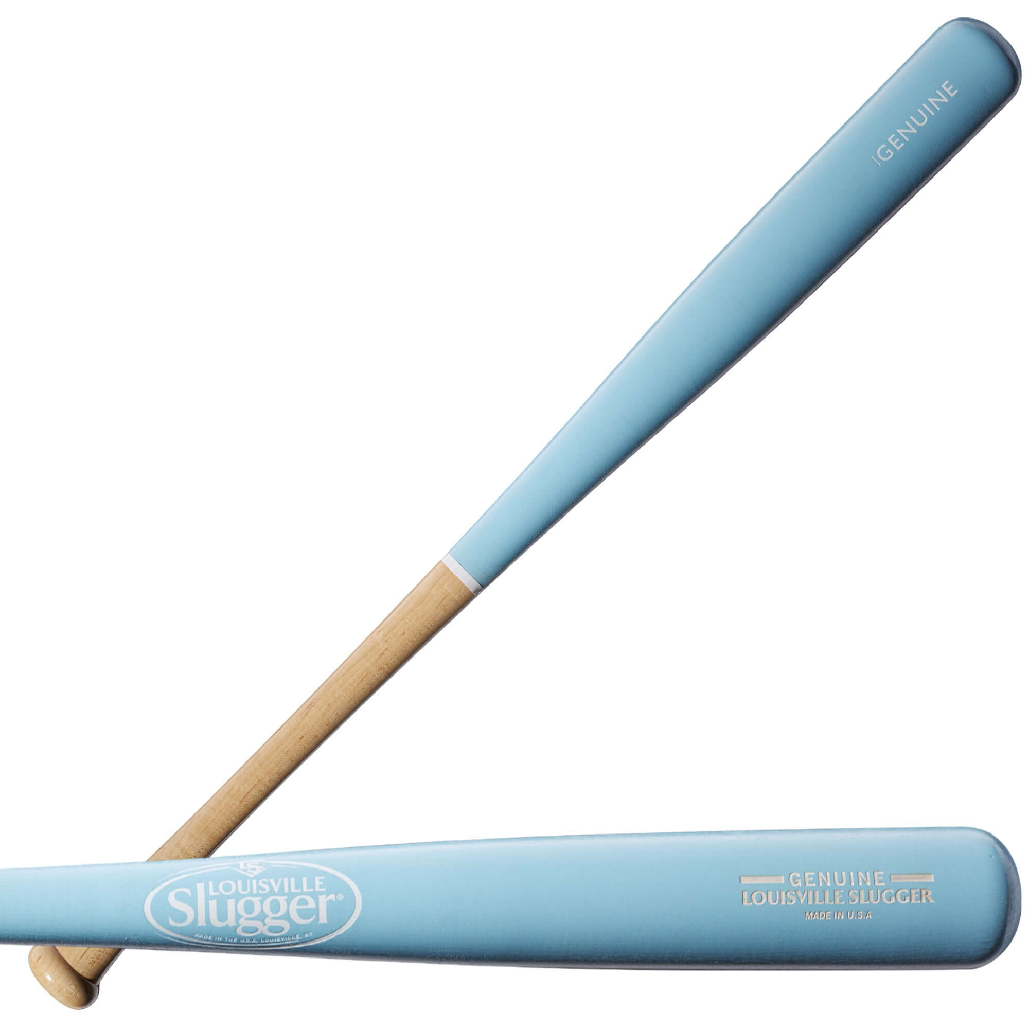 Louisville Slugger Genuine Light Blue Maple Baseball Bat with natural wood handle and white branding. Available in multiple adult sizes.